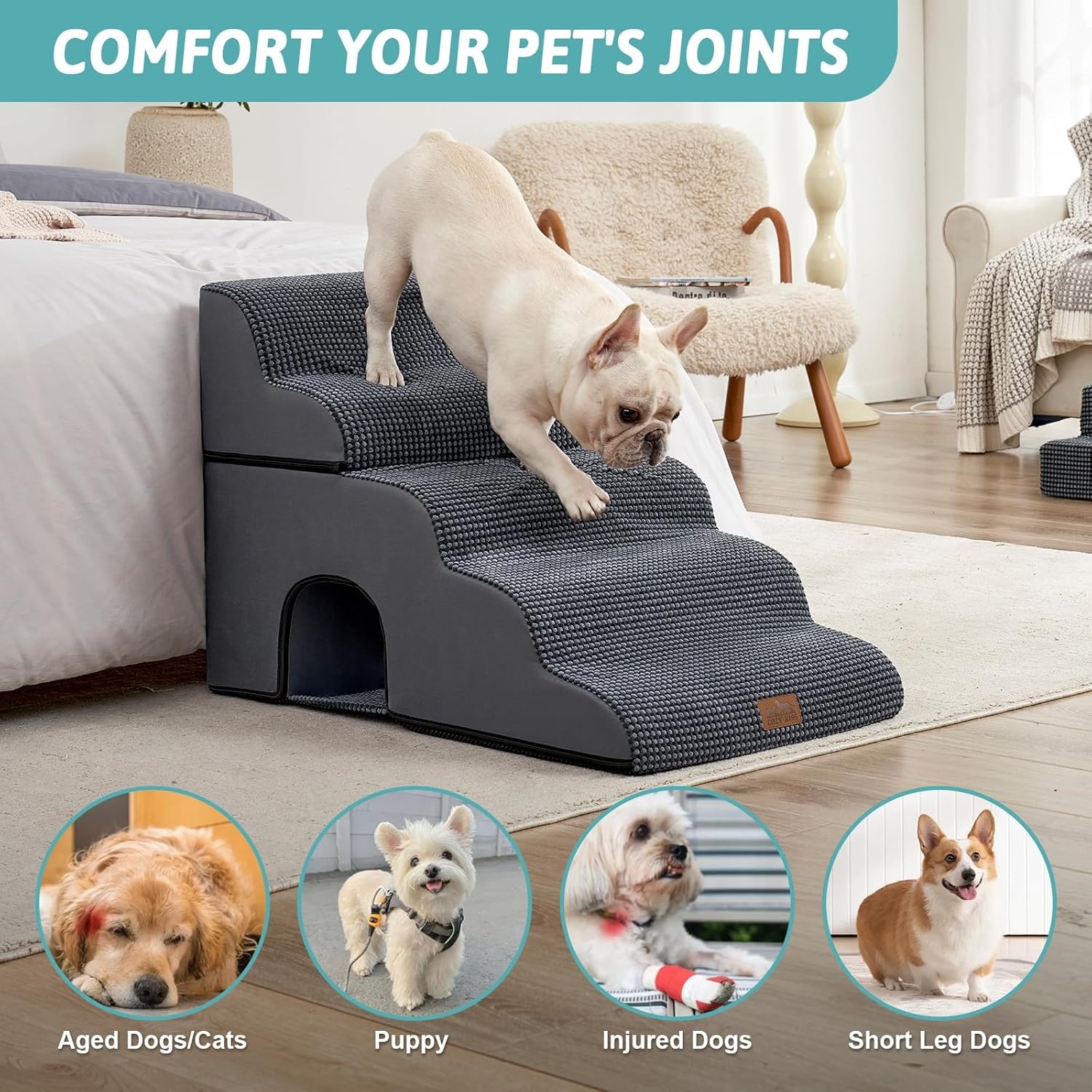 image:imageCOZY KISS Extra Wide Dog Stairs with Tunnel Detachable Large Pet Step for Small Medium Dog Puppy or Cat Ramp for High Bed Couch Sofa or Car Stable 197x33x224 inch 5 Step BlackCharcoal Grey