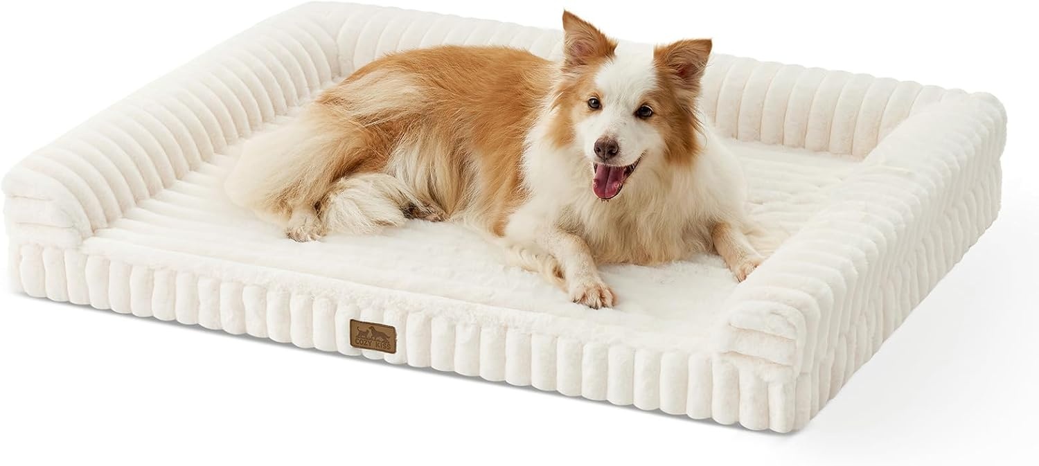 image:imageCOZY KISS Medium Dog Bed Faux Rabbit Fur Orthopedic Foam Dog Bed with Sides Removable Washable Cover amp Waterproof Lining Comfortable Pet Couch for Medium Dogs Cream 36 L x 27 W x 65 ThCream