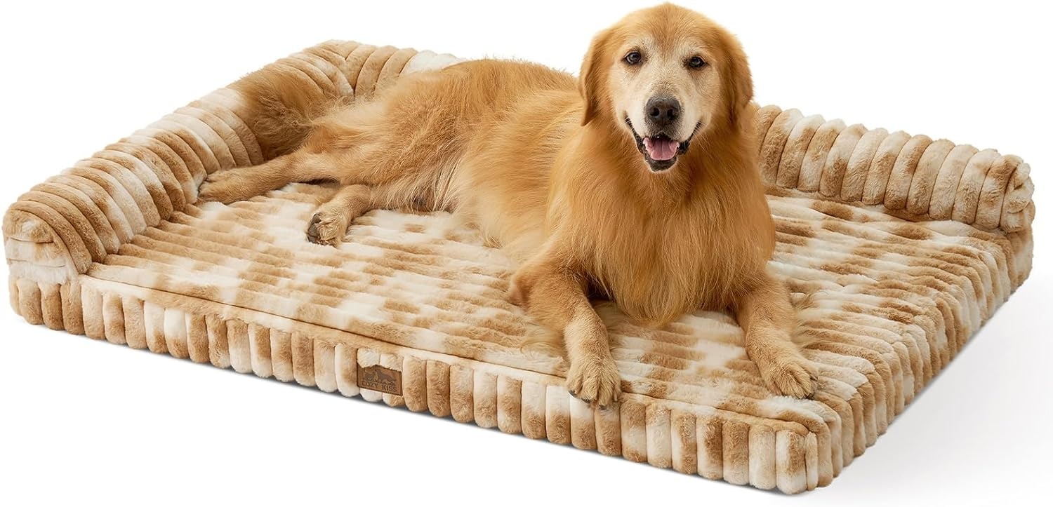image:imageCOZY KISS Medium Dog Bed Faux Rabbit Fur Orthopedic Foam Dog Bed with Sides Removable Washable Cover amp Waterproof Lining Comfortable Pet Couch for Medium Dogs Cream 36 L x 27 W x 65 ThTieDye Brown