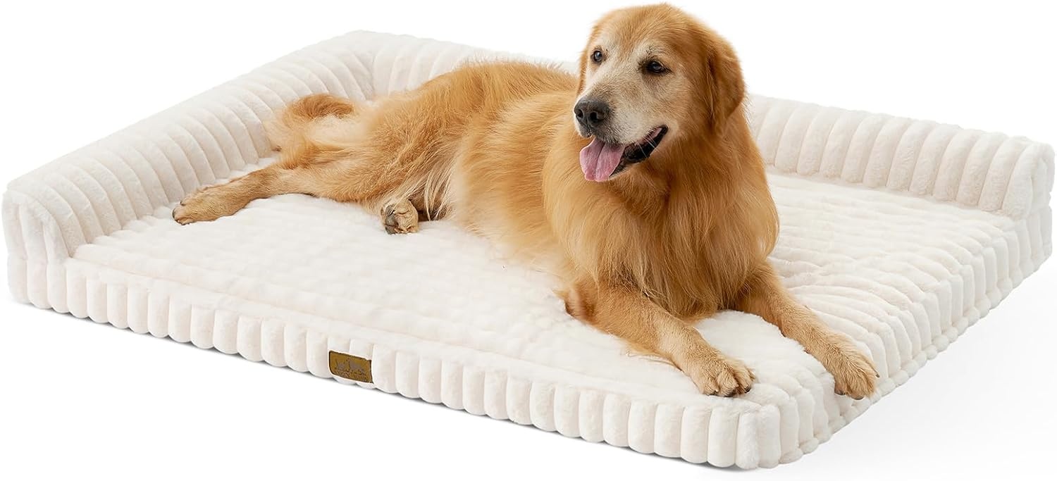 image:imageCOZY KISS Medium Dog Bed Faux Rabbit Fur Orthopedic Foam Dog Bed with Sides Removable Washable Cover amp Waterproof Lining Comfortable Pet Couch for Medium Dogs Cream 36 L x 27 W x 65 ThCream