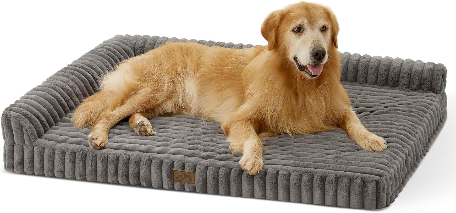 image:imageCOZY KISS Medium Dog Bed Faux Rabbit Fur Orthopedic Foam Dog Bed with Sides Removable Washable Cover amp Waterproof Lining Comfortable Pet Couch for Medium Dogs Cream 36 L x 27 W x 65 ThGrey