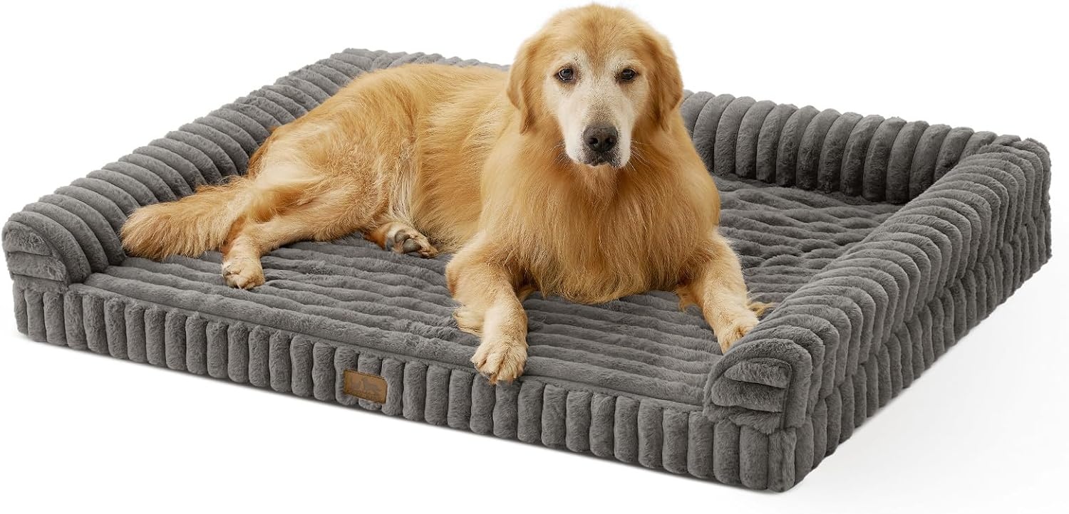 image:imageCOZY KISS Medium Dog Bed Faux Rabbit Fur Orthopedic Foam Dog Bed with Sides Removable Washable Cover amp Waterproof Lining Comfortable Pet Couch for Medium Dogs Cream 36 L x 27 W x 65 ThGrey