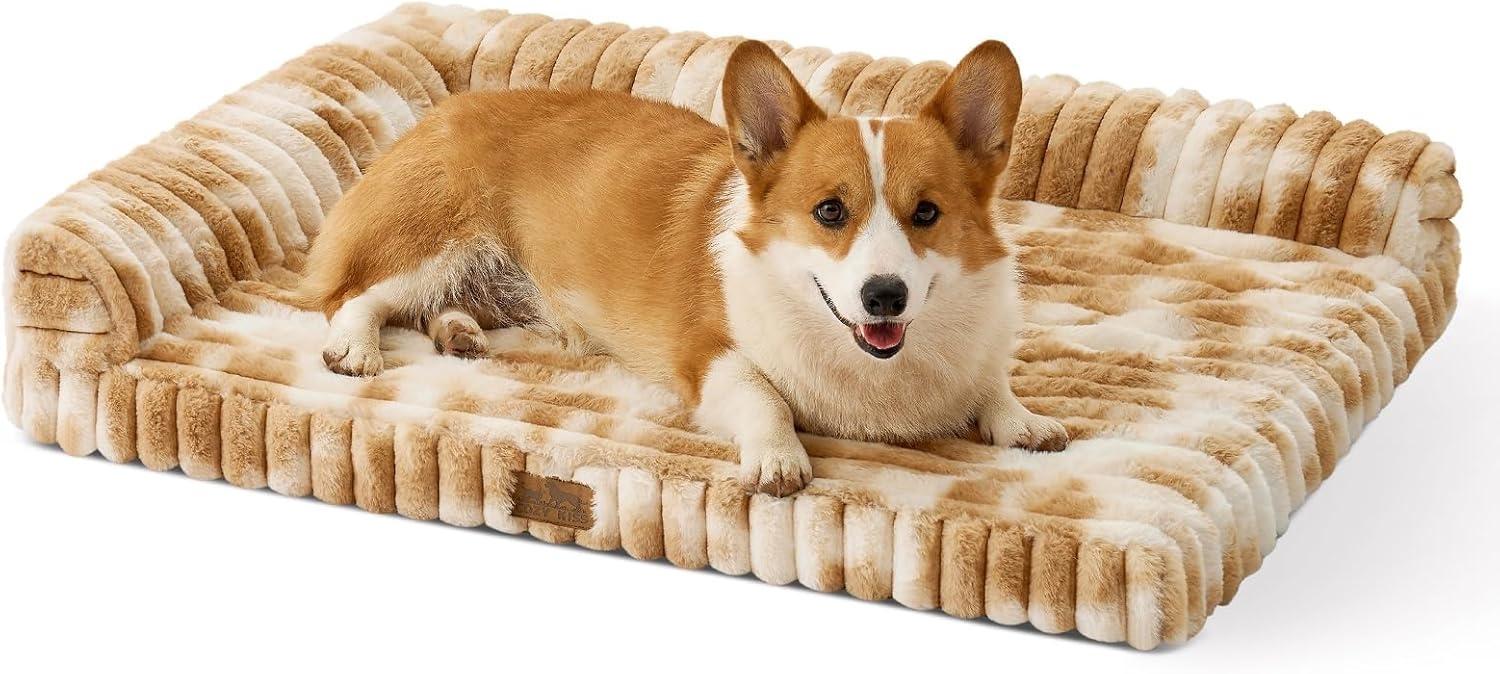 image:imageCOZY KISS Medium Dog Bed Faux Rabbit Fur Orthopedic Foam Dog Bed with Sides Removable Washable Cover amp Waterproof Lining Comfortable Pet Couch for Medium Dogs Cream 36 L x 27 W x 65 ThTieDye Brown