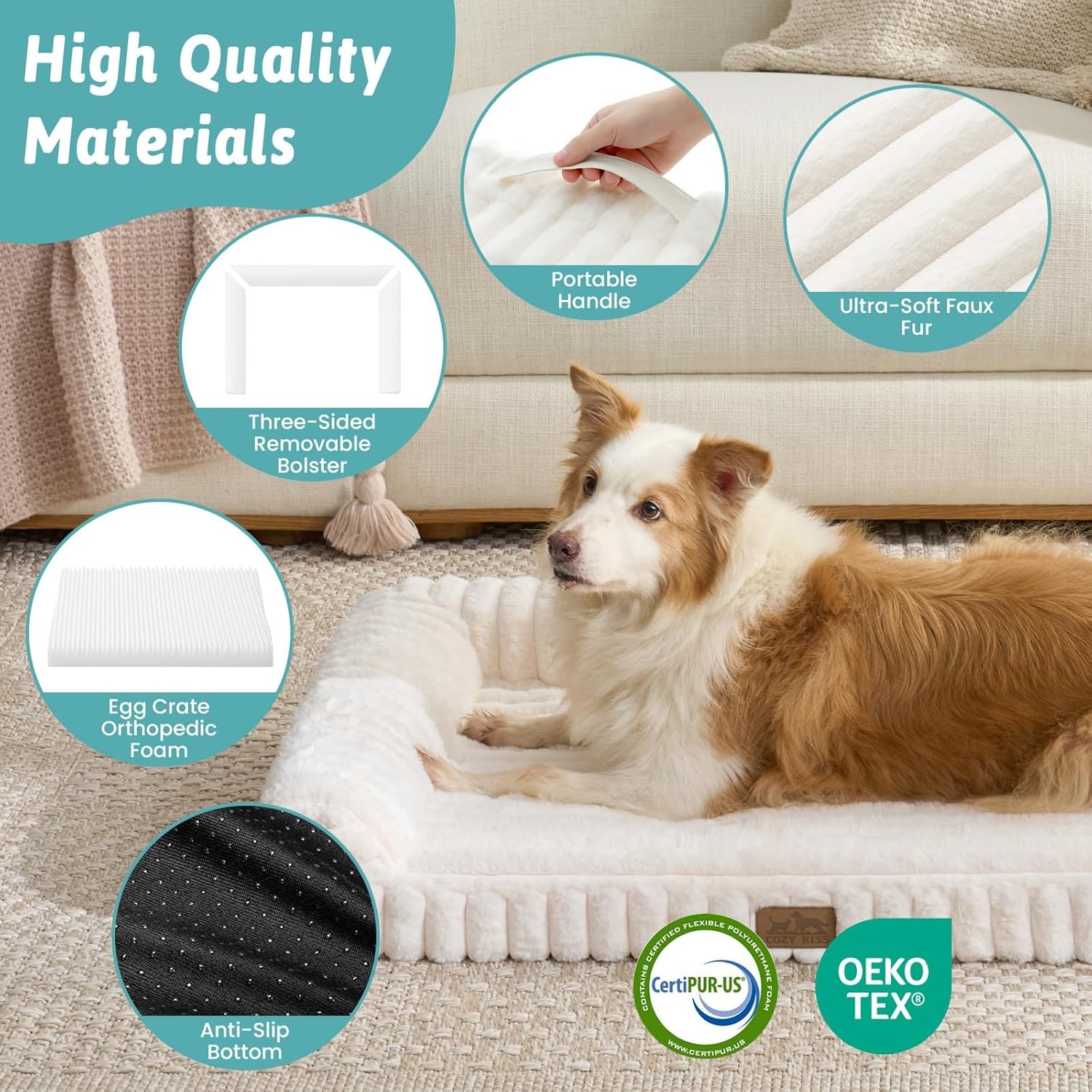 image:imageCOZY KISS Medium Dog Bed Faux Rabbit Fur Orthopedic Foam Dog Bed with Sides Removable Washable Cover amp Waterproof Lining Comfortable Pet Couch for Medium Dogs Cream 36 L x 27 W x 65 ThCream