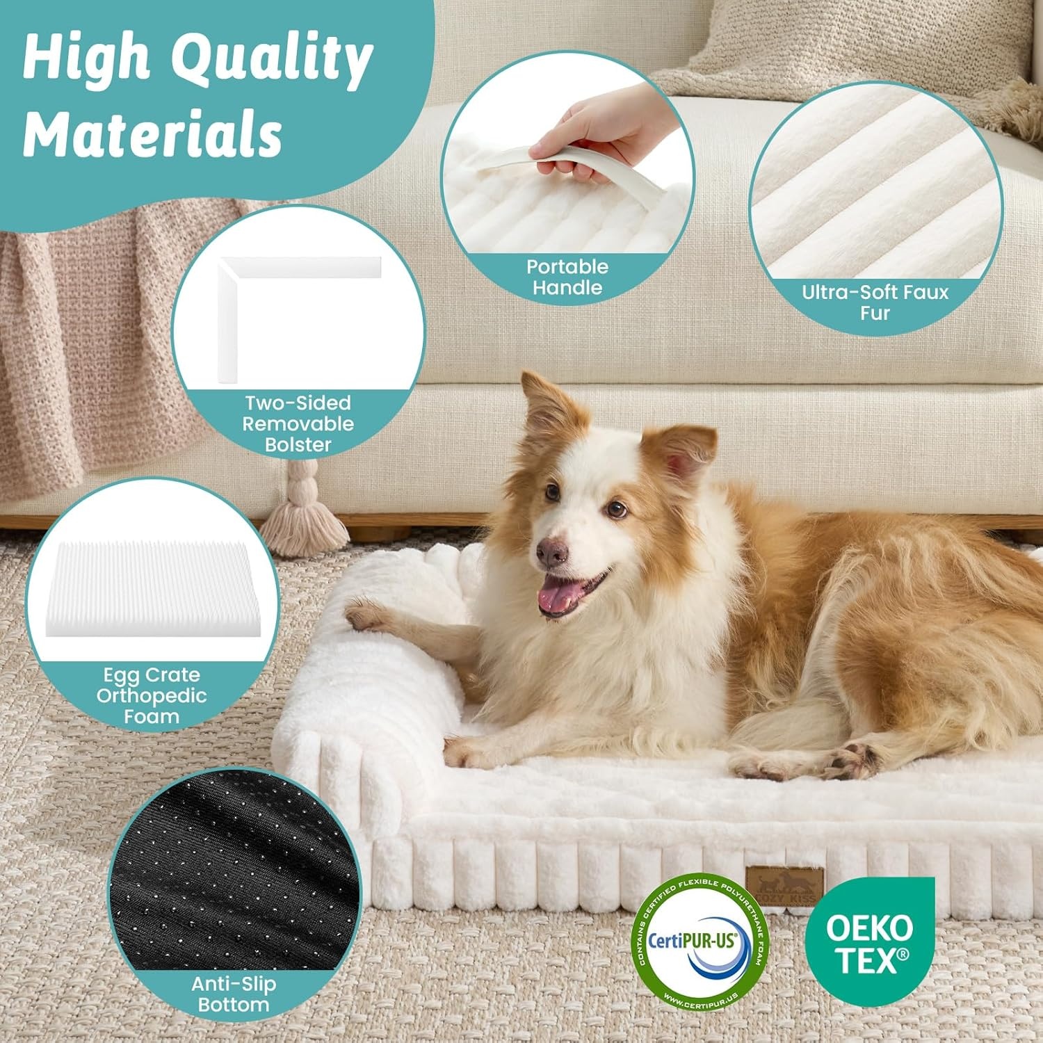 image:imageCOZY KISS Medium Dog Bed Faux Rabbit Fur Orthopedic Foam Dog Bed with Sides Removable Washable Cover amp Waterproof Lining Comfortable Pet Couch for Medium Dogs Cream 36 L x 27 W x 65 ThCream
