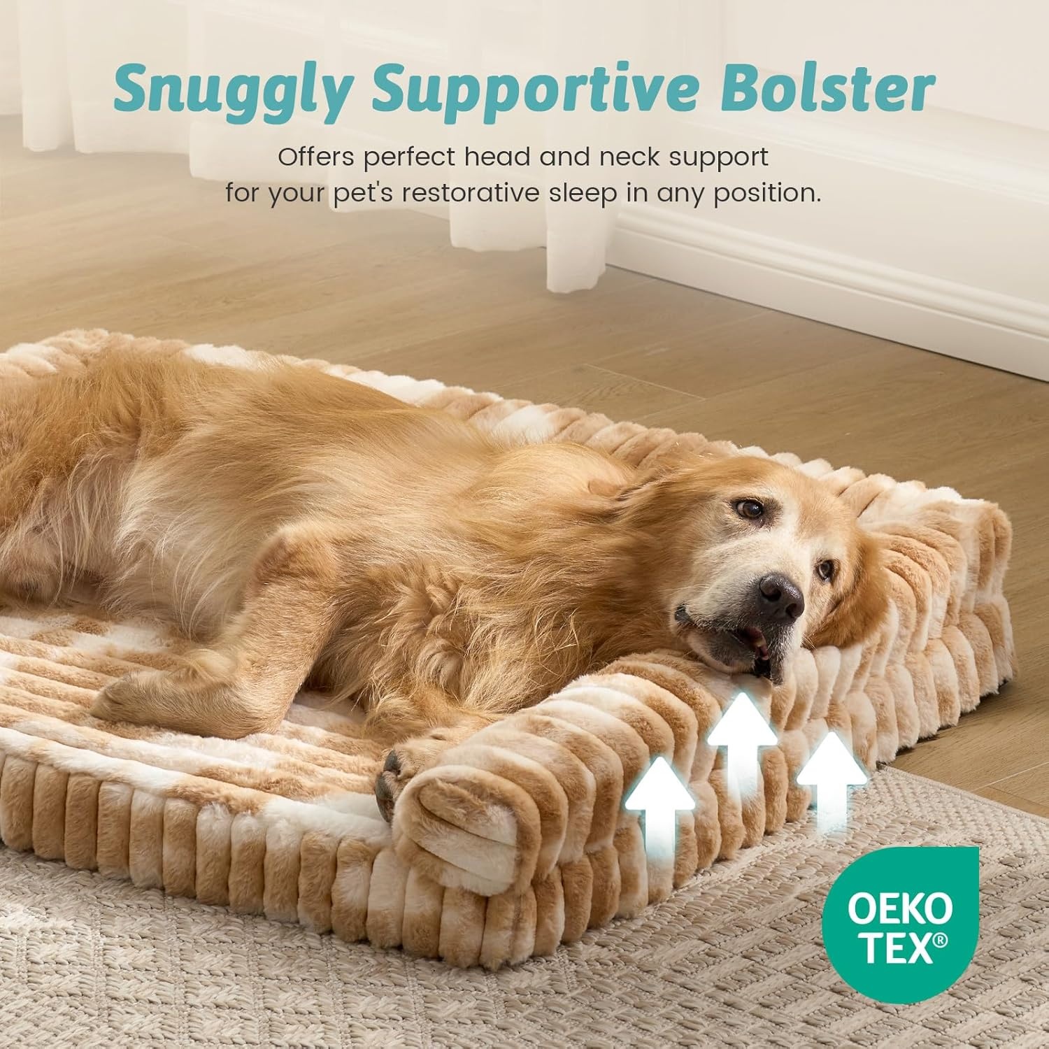 image:imageCOZY KISS Medium Dog Bed Faux Rabbit Fur Orthopedic Foam Dog Bed with Sides Removable Washable Cover amp Waterproof Lining Comfortable Pet Couch for Medium Dogs Cream 36 L x 27 W x 65 ThTieDye Brown