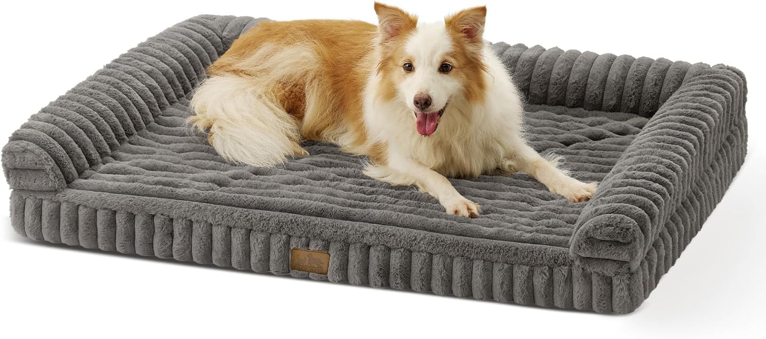 image:imageCOZY KISS Medium Dog Bed Faux Rabbit Fur Orthopedic Foam Dog Bed with Sides Removable Washable Cover amp Waterproof Lining Comfortable Pet Couch for Medium Dogs Cream 36 L x 27 W x 65 ThGrey