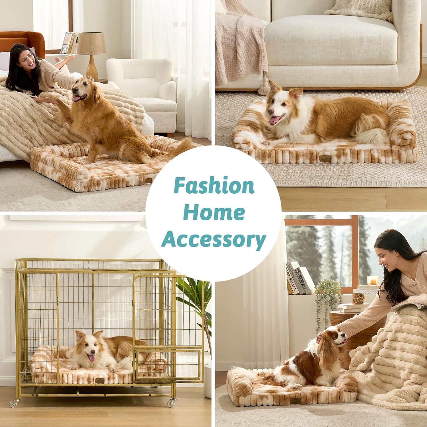 image:imageCOZY KISS Medium Dog Bed Faux Rabbit Fur Orthopedic Foam Dog Bed with Sides Removable Washable Cover amp Waterproof Lining Comfortable Pet Couch for Medium Dogs Cream 36 L x 27 W x 65 ThTieDye Brown