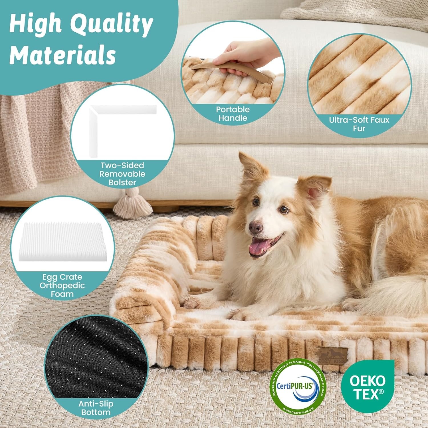 image:imageCOZY KISS Medium Dog Bed Faux Rabbit Fur Orthopedic Foam Dog Bed with Sides Removable Washable Cover amp Waterproof Lining Comfortable Pet Couch for Medium Dogs Cream 36 L x 27 W x 65 ThTieDye Brown