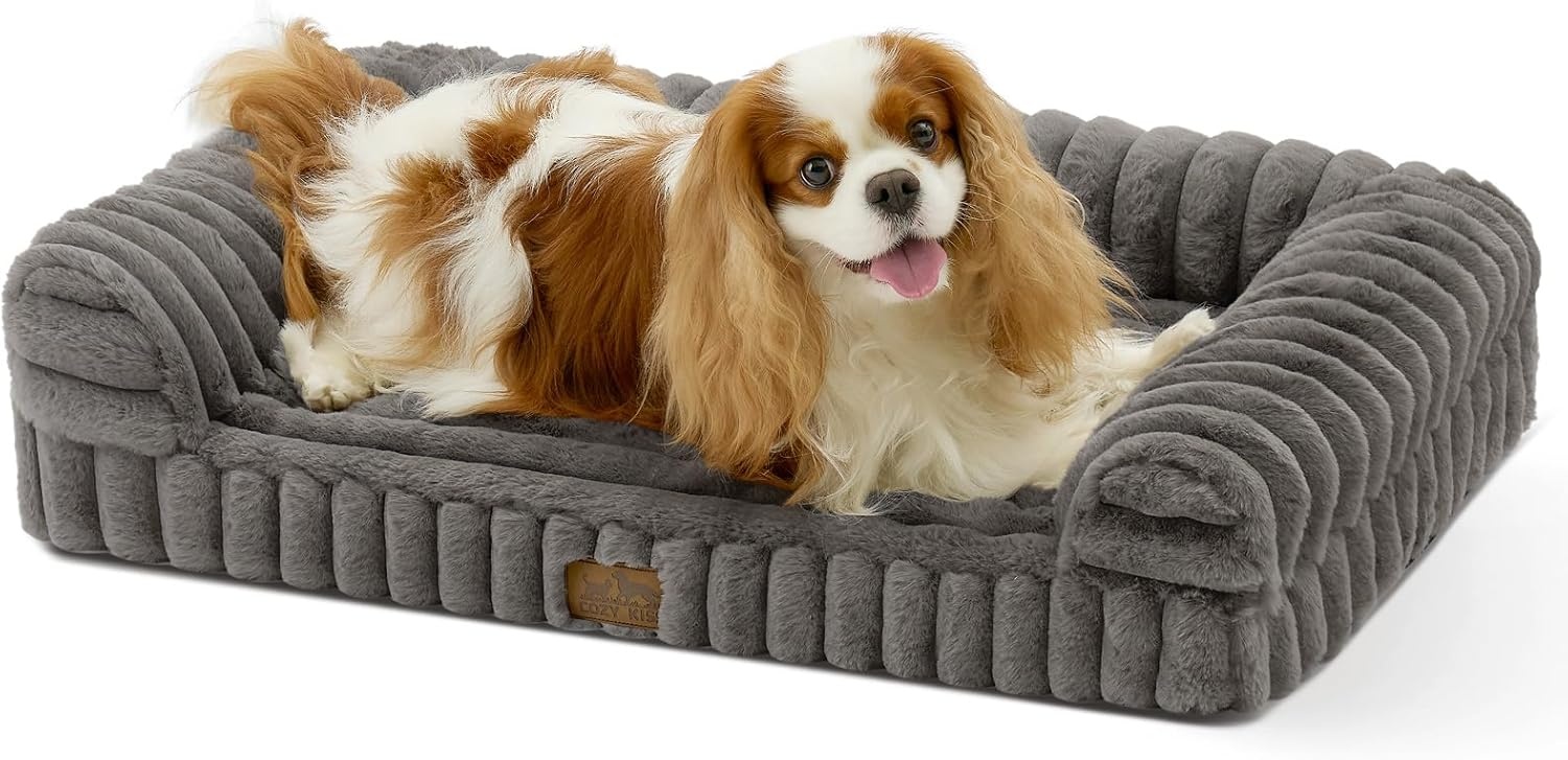 image:imageCOZY KISS Medium Dog Bed Faux Rabbit Fur Orthopedic Foam Dog Bed with Sides Removable Washable Cover amp Waterproof Lining Comfortable Pet Couch for Medium Dogs Cream 36 L x 27 W x 65 ThGrey