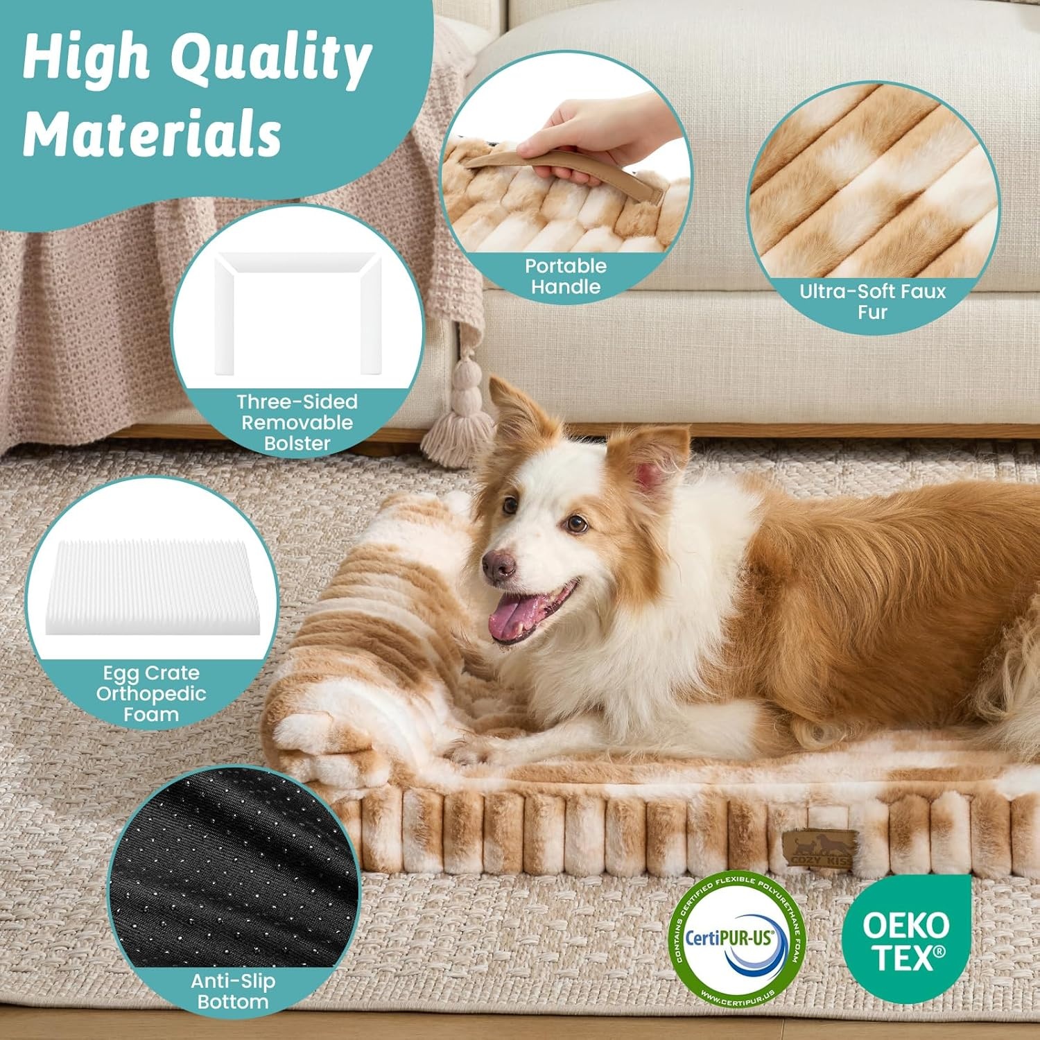 image:imageCOZY KISS Medium Dog Bed Faux Rabbit Fur Orthopedic Foam Dog Bed with Sides Removable Washable Cover amp Waterproof Lining Comfortable Pet Couch for Medium Dogs Cream 36 L x 27 W x 65 ThTieDye Brown