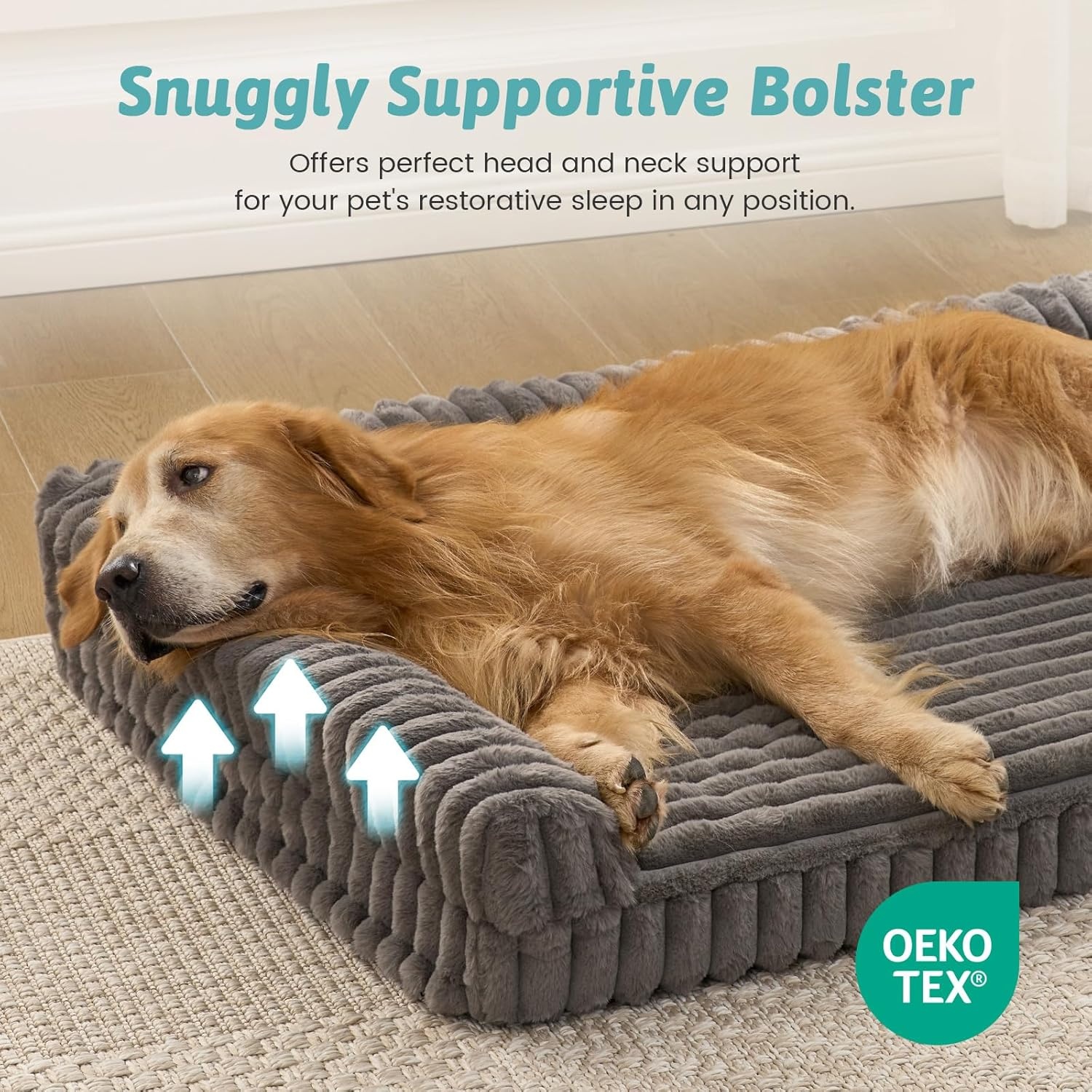 image:imageCOZY KISS Medium Dog Bed Faux Rabbit Fur Orthopedic Foam Dog Bed with Sides Removable Washable Cover amp Waterproof Lining Comfortable Pet Couch for Medium Dogs Cream 36 L x 27 W x 65 ThGrey