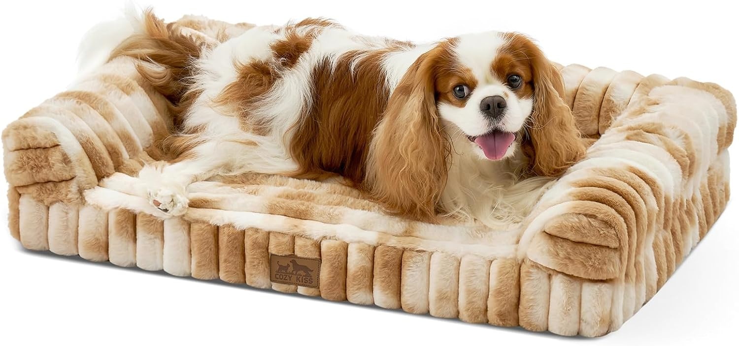 image:imageCOZY KISS Medium Dog Bed Faux Rabbit Fur Orthopedic Foam Dog Bed with Sides Removable Washable Cover amp Waterproof Lining Comfortable Pet Couch for Medium Dogs Cream 36 L x 27 W x 65 ThTieDye Brown