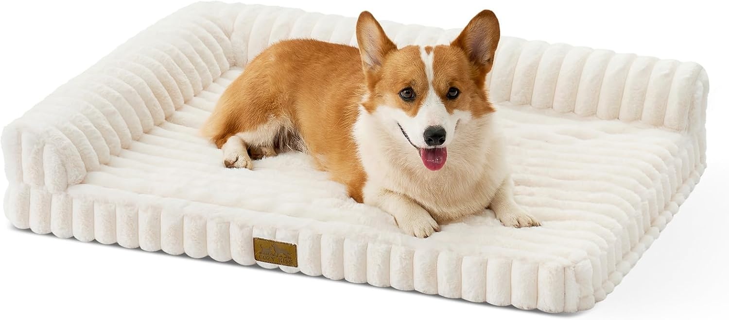 image:imageCOZY KISS Medium Dog Bed Faux Rabbit Fur Orthopedic Foam Dog Bed with Sides Removable Washable Cover amp Waterproof Lining Comfortable Pet Couch for Medium Dogs Cream 36 L x 27 W x 65 ThCream