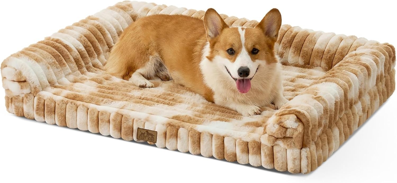 image:imageCOZY KISS Medium Dog Bed Faux Rabbit Fur Orthopedic Foam Dog Bed with Sides Removable Washable Cover amp Waterproof Lining Comfortable Pet Couch for Medium Dogs Cream 36 L x 27 W x 65 ThTieDye Brown