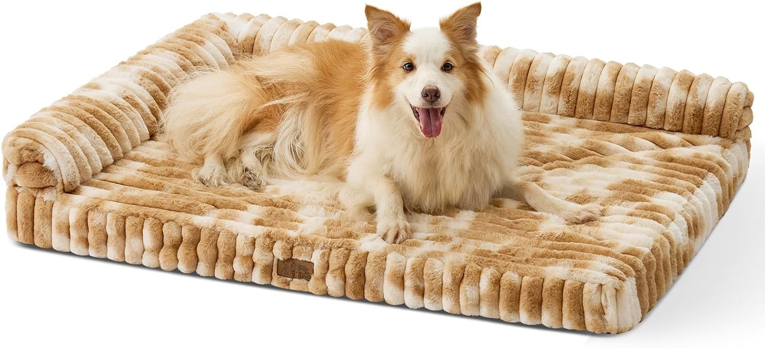 image:imageCOZY KISS Medium Dog Bed Faux Rabbit Fur Orthopedic Foam Dog Bed with Sides Removable Washable Cover amp Waterproof Lining Comfortable Pet Couch for Medium Dogs Cream 36 L x 27 W x 65 ThTieDye Brown