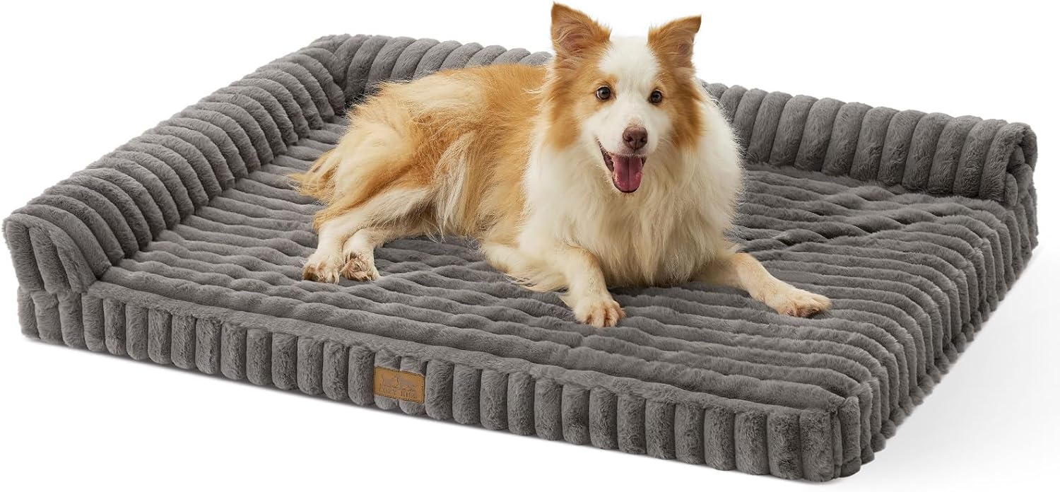 image:imageCOZY KISS Medium Dog Bed Faux Rabbit Fur Orthopedic Foam Dog Bed with Sides Removable Washable Cover amp Waterproof Lining Comfortable Pet Couch for Medium Dogs Cream 36 L x 27 W x 65 ThGrey