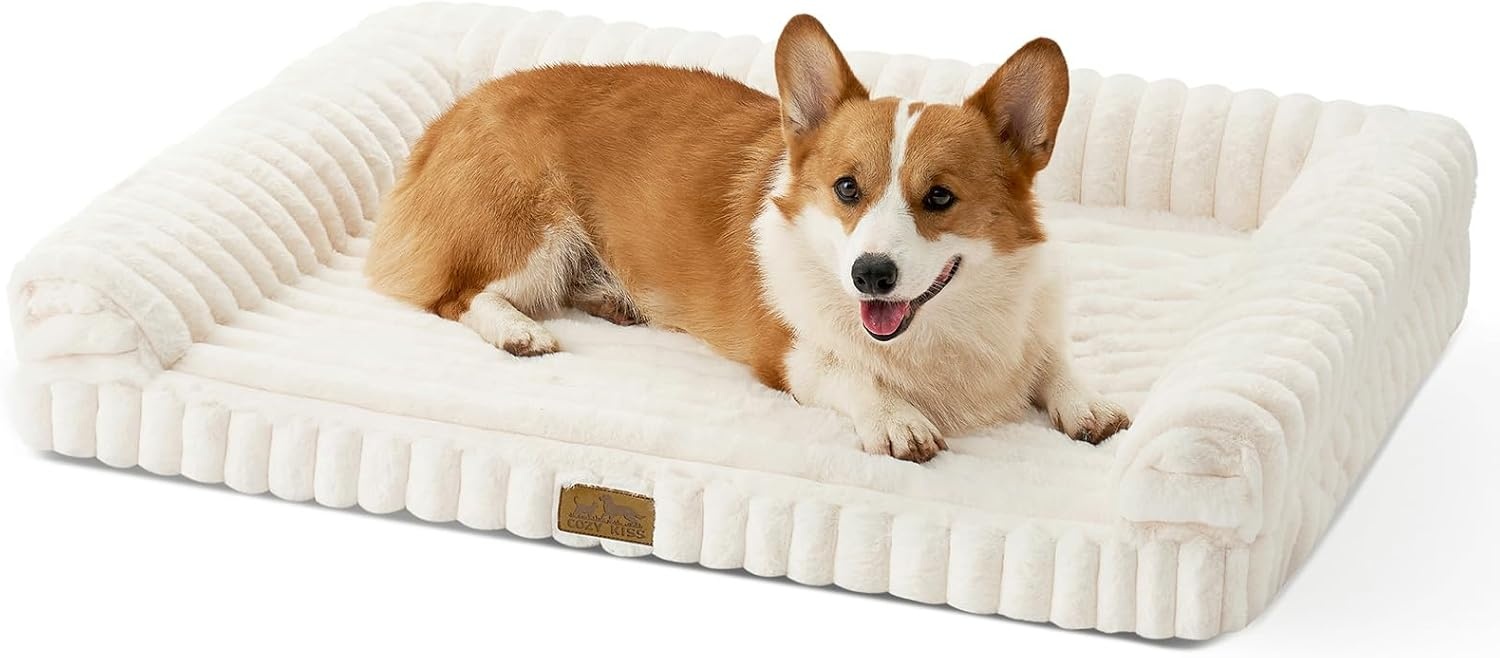 image:imageCOZY KISS Medium Dog Bed Faux Rabbit Fur Orthopedic Foam Dog Bed with Sides Removable Washable Cover amp Waterproof Lining Comfortable Pet Couch for Medium Dogs Cream 36 L x 27 W x 65 ThCream