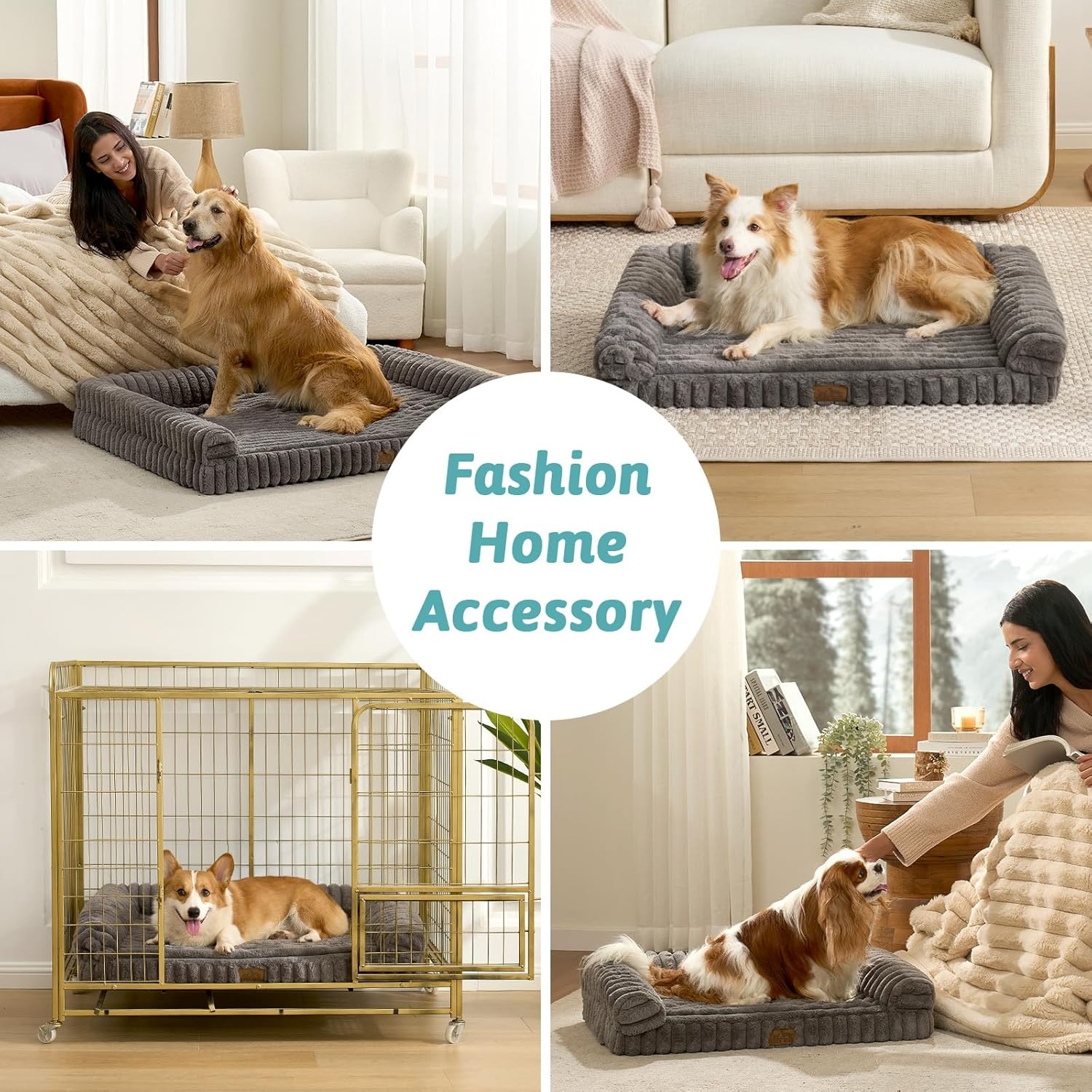 image:imageCOZY KISS Medium Dog Bed Faux Rabbit Fur Orthopedic Foam Dog Bed with Sides Removable Washable Cover amp Waterproof Lining Comfortable Pet Couch for Medium Dogs Cream 36 L x 27 W x 65 ThGrey