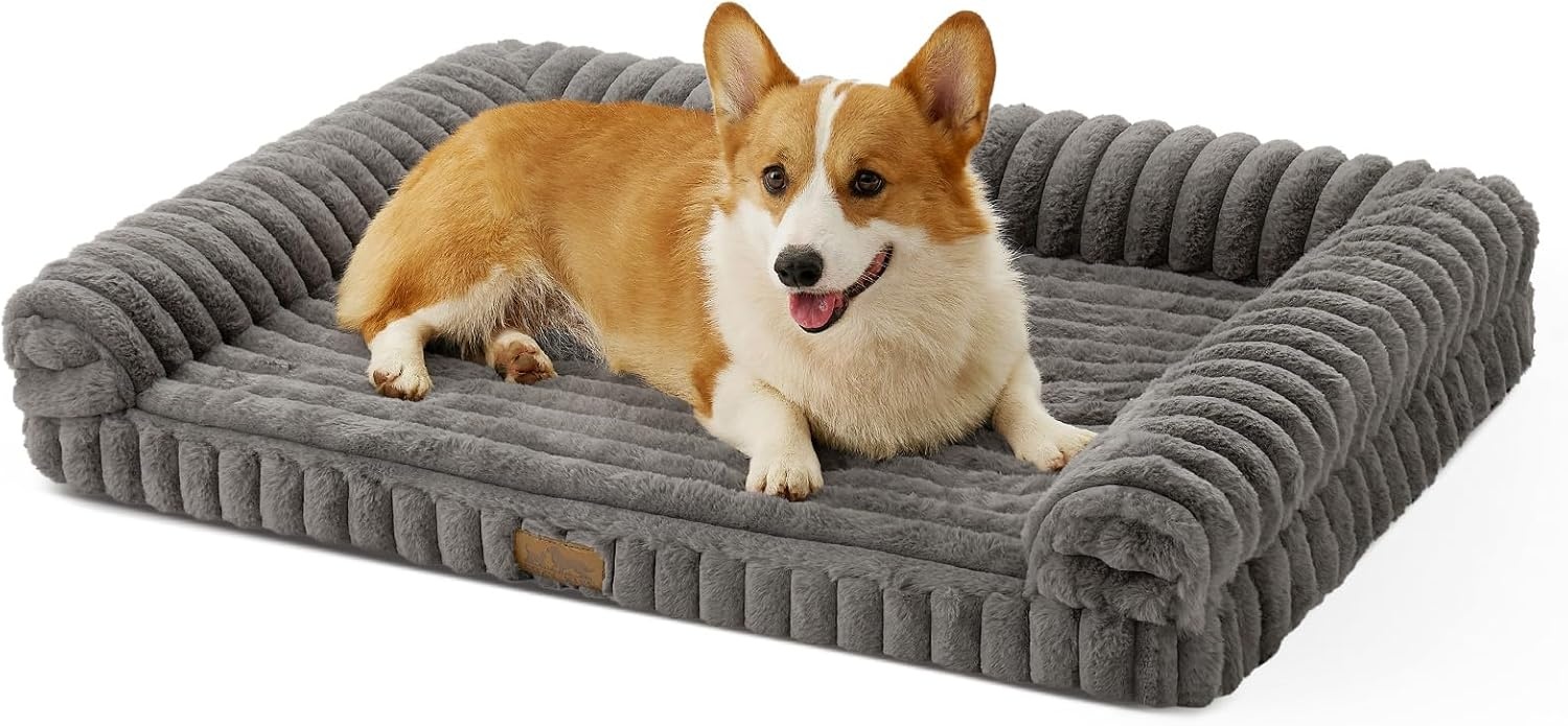 image:imageCOZY KISS Medium Dog Bed Faux Rabbit Fur Orthopedic Foam Dog Bed with Sides Removable Washable Cover amp Waterproof Lining Comfortable Pet Couch for Medium Dogs Cream 36 L x 27 W x 65 ThGrey