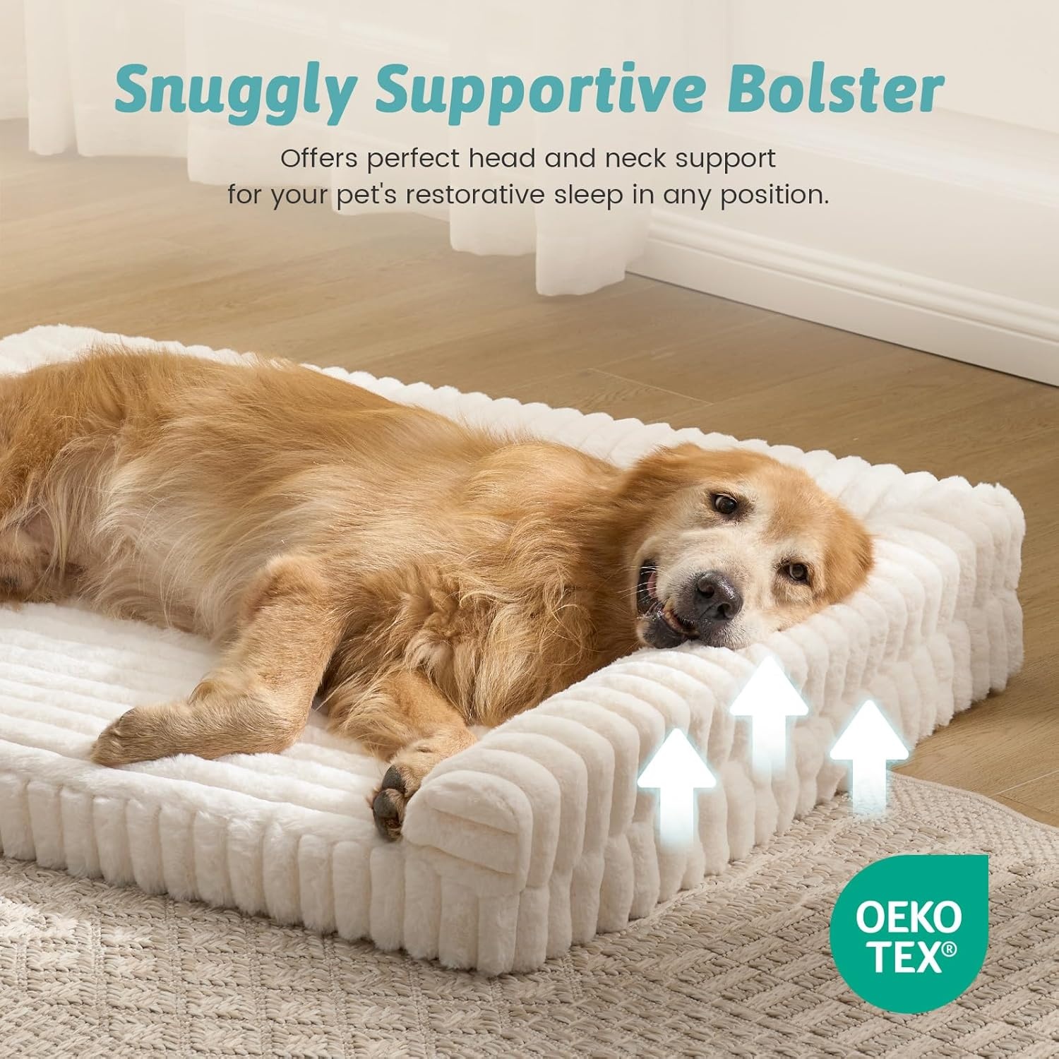 image:imageCOZY KISS Medium Dog Bed Faux Rabbit Fur Orthopedic Foam Dog Bed with Sides Removable Washable Cover amp Waterproof Lining Comfortable Pet Couch for Medium Dogs Cream 36 L x 27 W x 65 ThCream