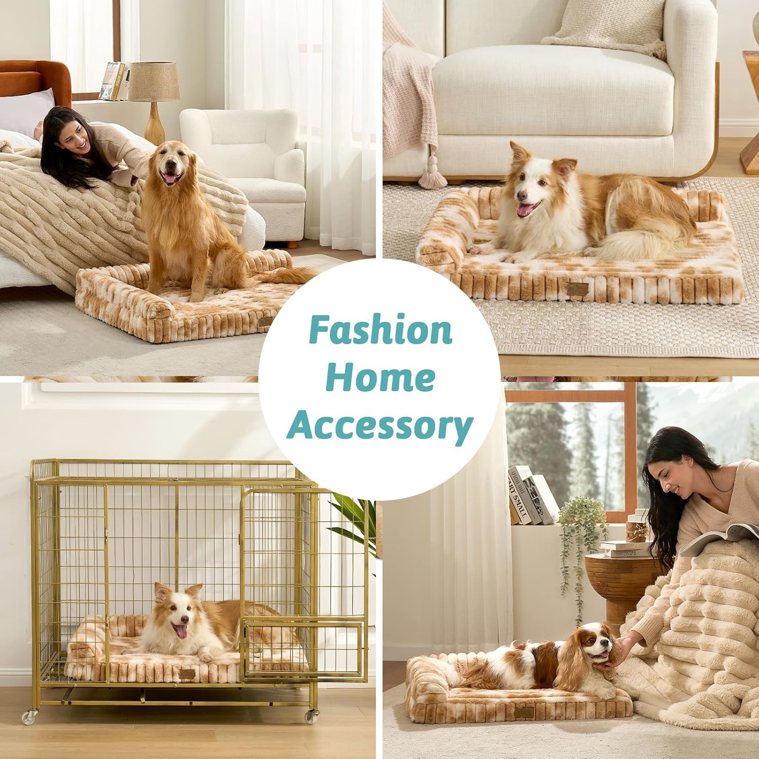 image:imageCOZY KISS Medium Dog Bed Faux Rabbit Fur Orthopedic Foam Dog Bed with Sides Removable Washable Cover amp Waterproof Lining Comfortable Pet Couch for Medium Dogs Cream 36 L x 27 W x 65 ThTieDye Brown
