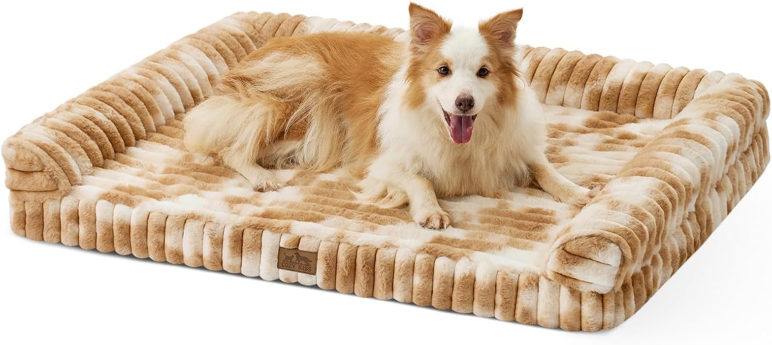 image:imageCOZY KISS Medium Dog Bed Faux Rabbit Fur Orthopedic Foam Dog Bed with Sides Removable Washable Cover amp Waterproof Lining Comfortable Pet Couch for Medium Dogs Cream 36 L x 27 W x 65 ThTieDye Brown