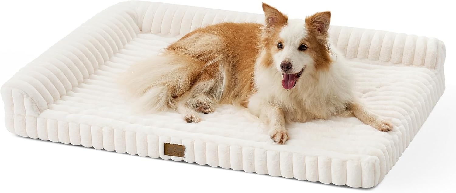 image:imageCOZY KISS Medium Dog Bed Faux Rabbit Fur Orthopedic Foam Dog Bed with Sides Removable Washable Cover amp Waterproof Lining Comfortable Pet Couch for Medium Dogs Cream 36 L x 27 W x 65 ThCream
