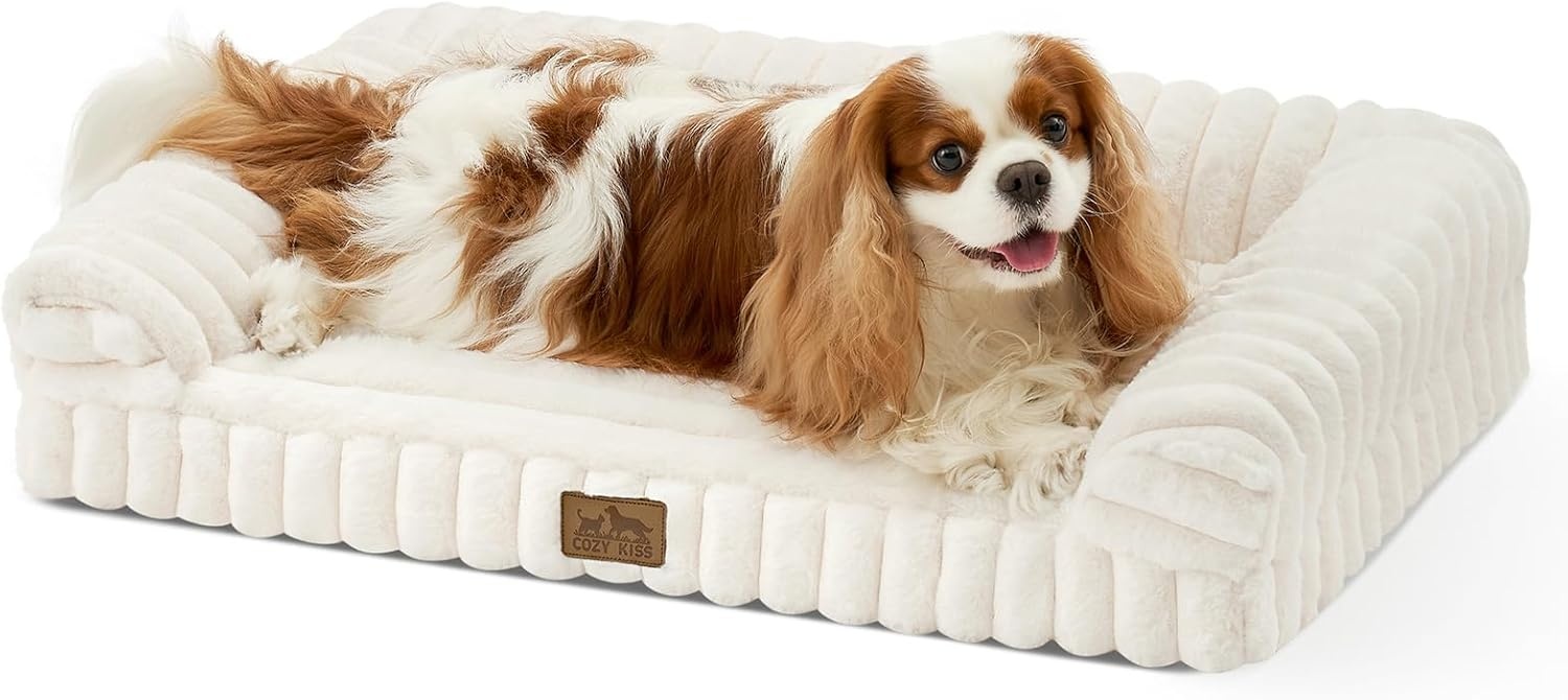 image:imageCOZY KISS Medium Dog Bed Faux Rabbit Fur Orthopedic Foam Dog Bed with Sides Removable Washable Cover amp Waterproof Lining Comfortable Pet Couch for Medium Dogs Cream 36 L x 27 W x 65 ThCream