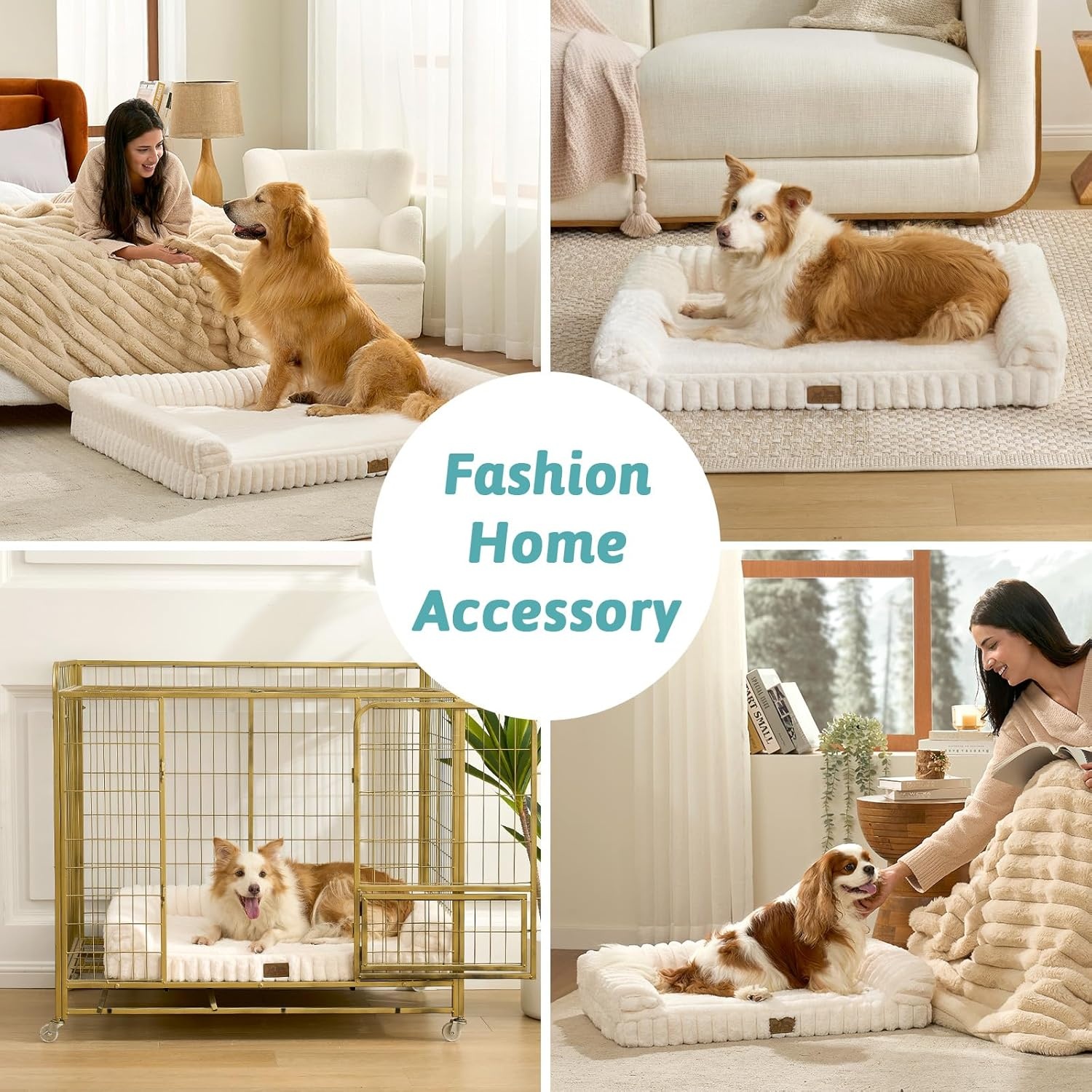 image:imageCOZY KISS Medium Dog Bed Faux Rabbit Fur Orthopedic Foam Dog Bed with Sides Removable Washable Cover amp Waterproof Lining Comfortable Pet Couch for Medium Dogs Cream 36 L x 27 W x 65 ThCream