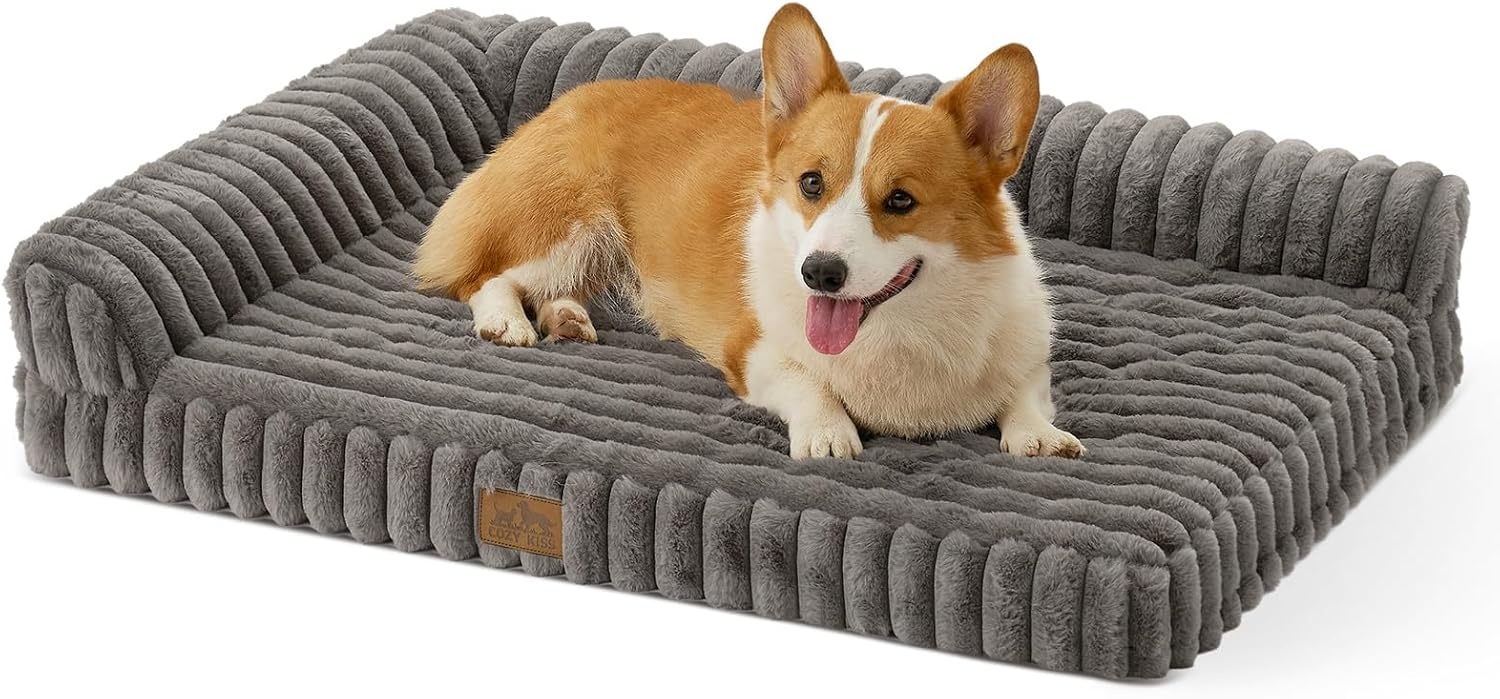 image:imageCOZY KISS Medium Dog Bed Faux Rabbit Fur Orthopedic Foam Dog Bed with Sides Removable Washable Cover amp Waterproof Lining Comfortable Pet Couch for Medium Dogs Cream 36 L x 27 W x 65 ThGrey