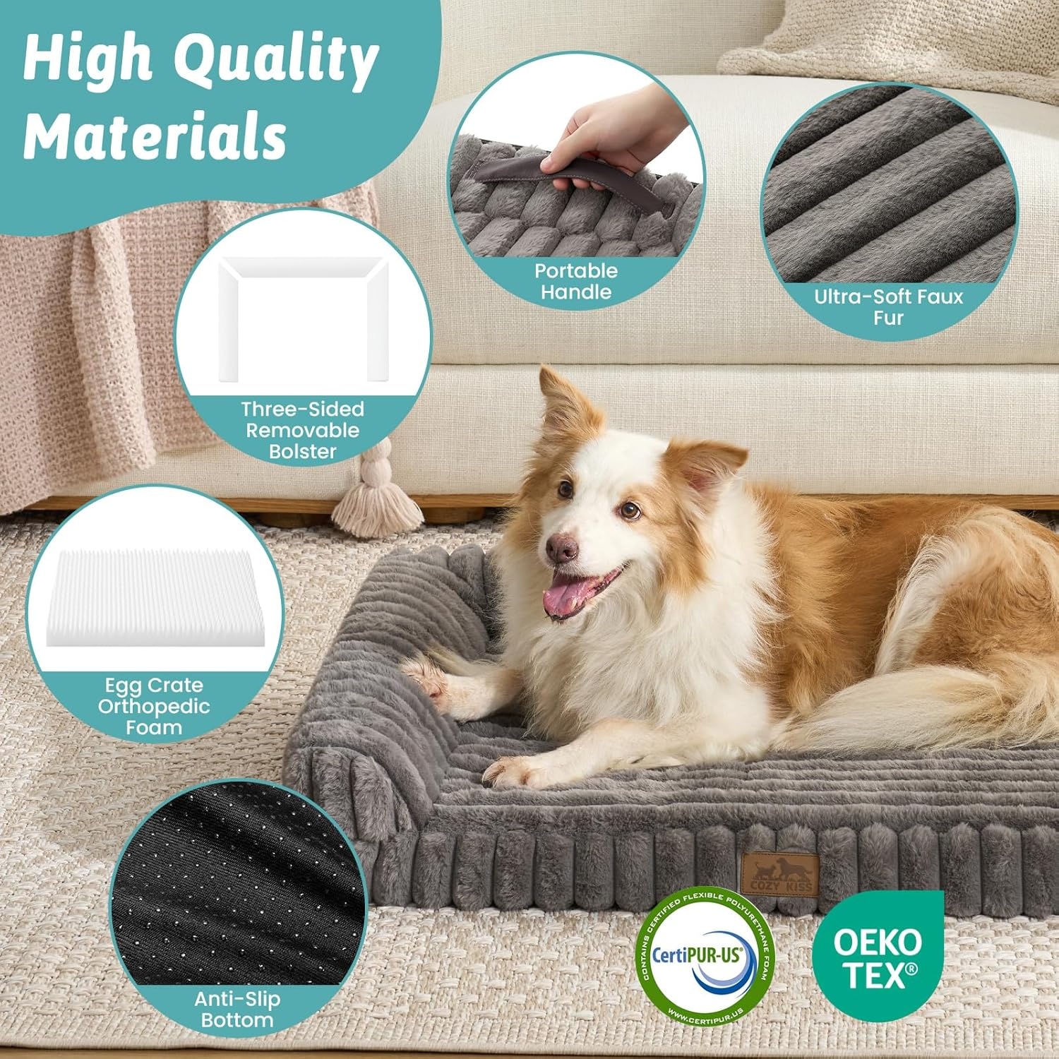 image:imageCOZY KISS Medium Dog Bed Faux Rabbit Fur Orthopedic Foam Dog Bed with Sides Removable Washable Cover amp Waterproof Lining Comfortable Pet Couch for Medium Dogs Cream 36 L x 27 W x 65 ThGrey