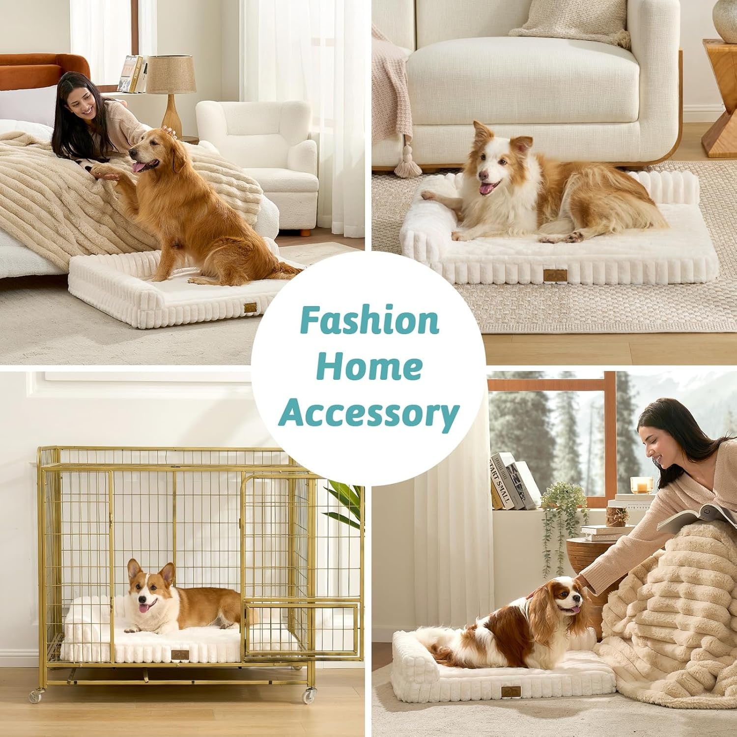 image:imageCOZY KISS Medium Dog Bed Faux Rabbit Fur Orthopedic Foam Dog Bed with Sides Removable Washable Cover amp Waterproof Lining Comfortable Pet Couch for Medium Dogs Cream 36 L x 27 W x 65 ThCream