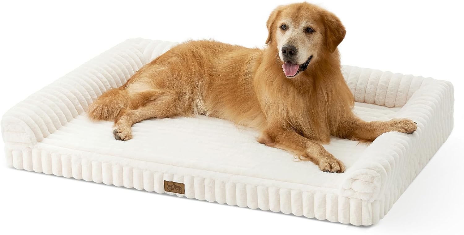 image:imageCOZY KISS Medium Dog Bed Faux Rabbit Fur Orthopedic Foam Dog Bed with Sides Removable Washable Cover amp Waterproof Lining Comfortable Pet Couch for Medium Dogs Cream 36 L x 27 W x 65 ThCream