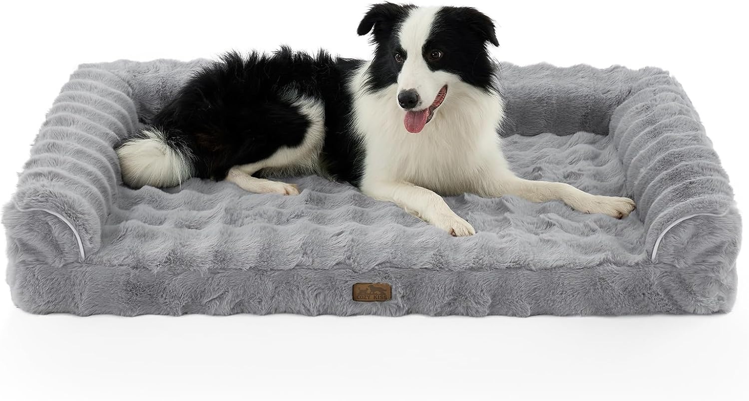 image:imageFaux Fur Orthopedic Dog Bed Dog Bed for Large Size Supportive Foam Pet Sofa with Waterproof Lining Cover Washable UShaped Pet Couch with AntiSlip Bottom Tiedye Grey L 36x27x65 inchGrey
