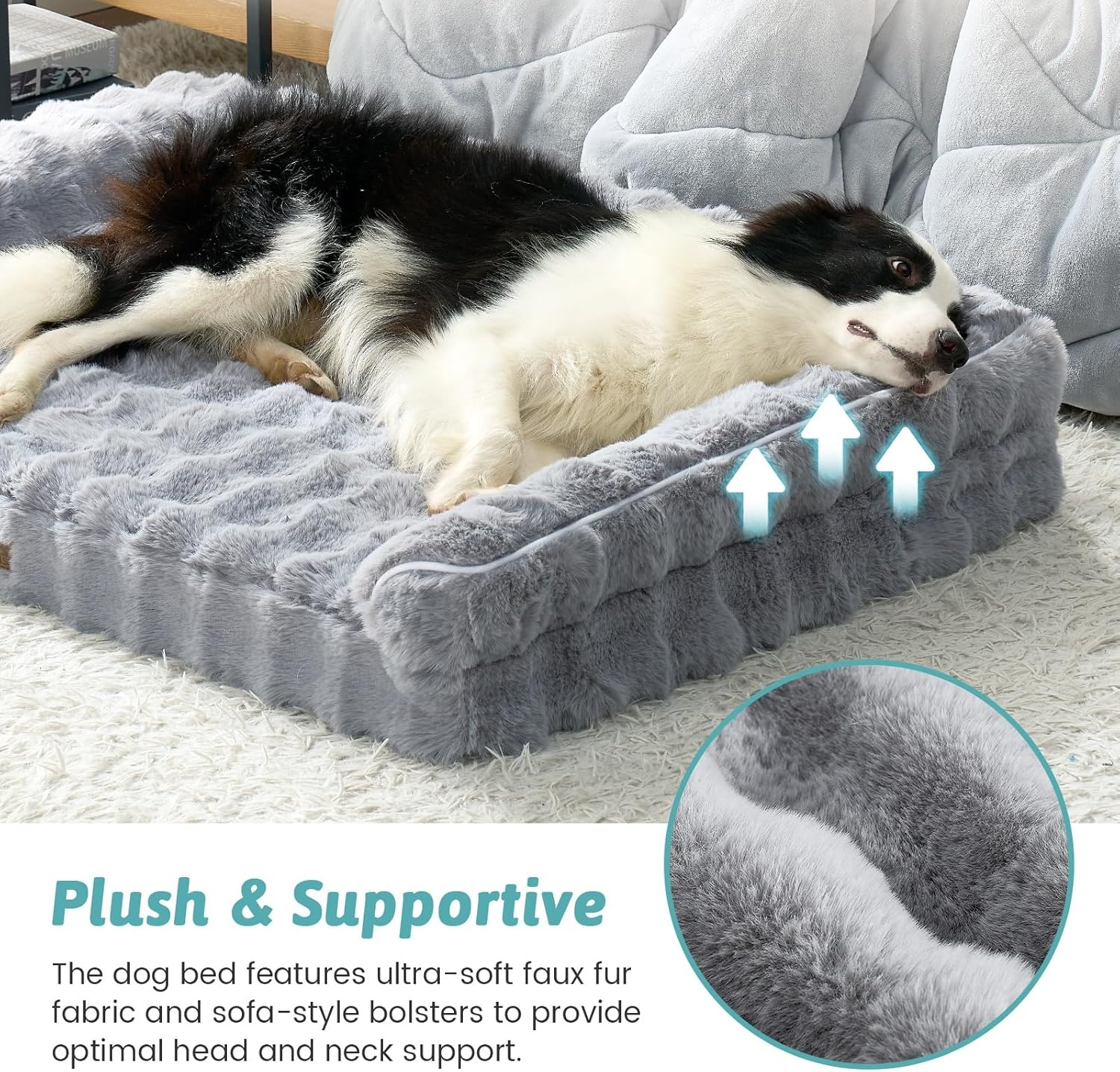 image:imageFaux Fur Orthopedic Dog Bed Dog Bed for Large Size Supportive Foam Pet Sofa with Waterproof Lining Cover Washable UShaped Pet Couch with AntiSlip Bottom Tiedye Grey L 36x27x65 inchGrey