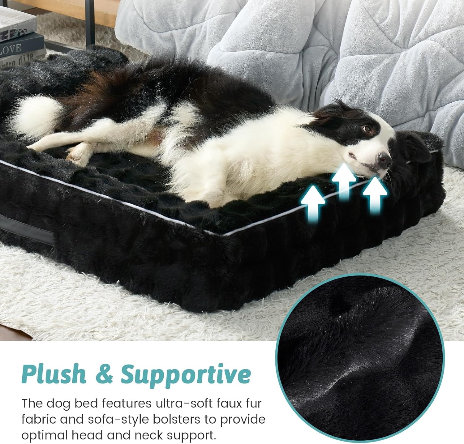 image:imageFaux Fur Orthopedic Dog Bed Dog Bed for Large Size Supportive Foam Pet Sofa with Waterproof Lining Cover Washable UShaped Pet Couch with AntiSlip Bottom Tiedye Grey L 36x27x65 inchBlack
