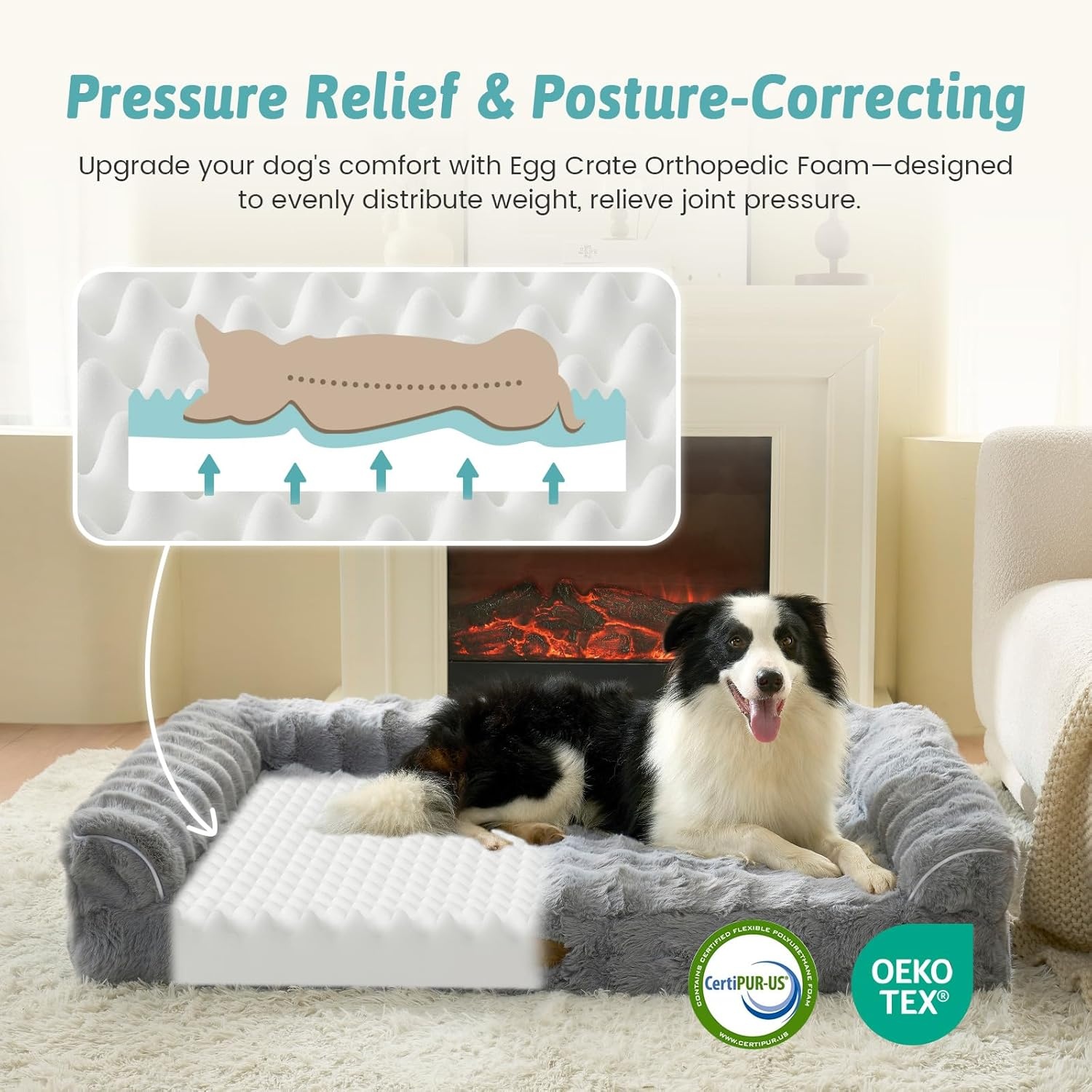 image:imageFaux Fur Orthopedic Dog Bed Dog Bed for Large Size Supportive Foam Pet Sofa with Waterproof Lining Cover Washable UShaped Pet Couch with AntiSlip Bottom Tiedye Grey L 36x27x65 inchGrey
