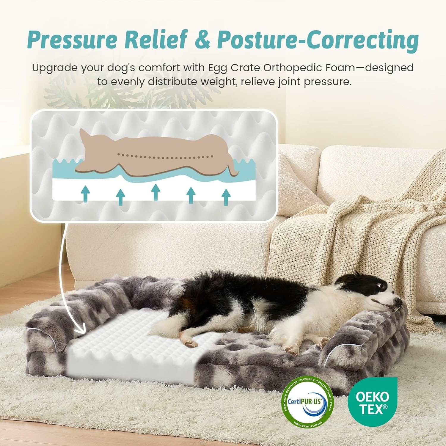 image:imageFaux Fur Orthopedic Dog Bed Dog Bed for Large Size Supportive Foam Pet Sofa with Waterproof Lining Cover Washable UShaped Pet Couch with AntiSlip Bottom Tiedye Grey L 36x27x65 inchTiedye Grey