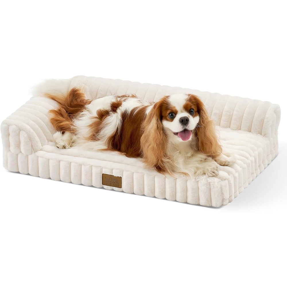 image:imageCOZY KISS Medium Dog Bed Faux Rabbit Fur Orthopedic Foam Dog Bed with Sides Removable Washable Cover amp Waterproof Lining Comfortable Pet Couch for Medium Dogs Cream 36 L x 27 W x 65 ThCream