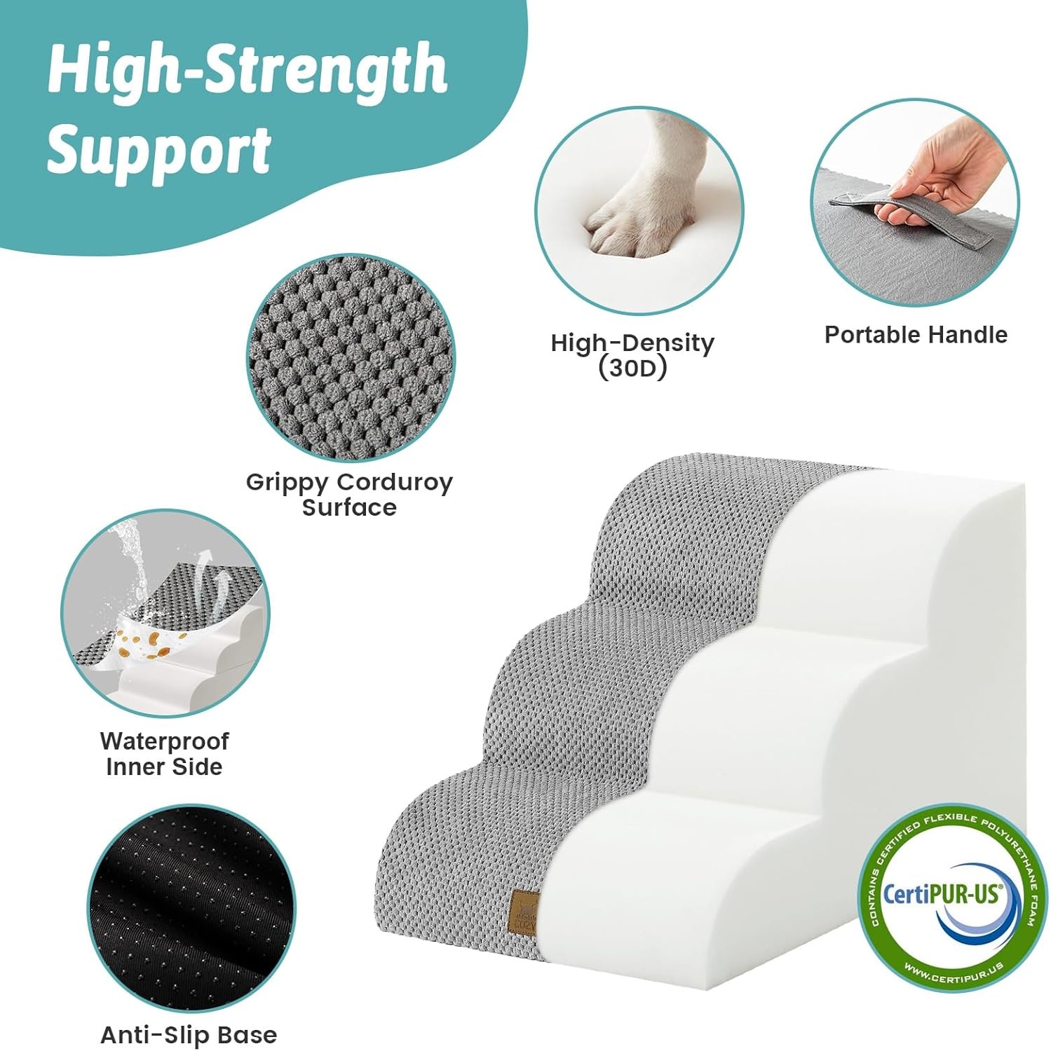 image:imageCOZY KISS Dog Stairs for Small Dogs 157 H 4Step Sturdy Foam Dog Steps for Couch and Bed Curved Pet Stairs for Puppy and Older Cat Doggie Ladder with Washable Cover 157x283x157 inch BeigeGray