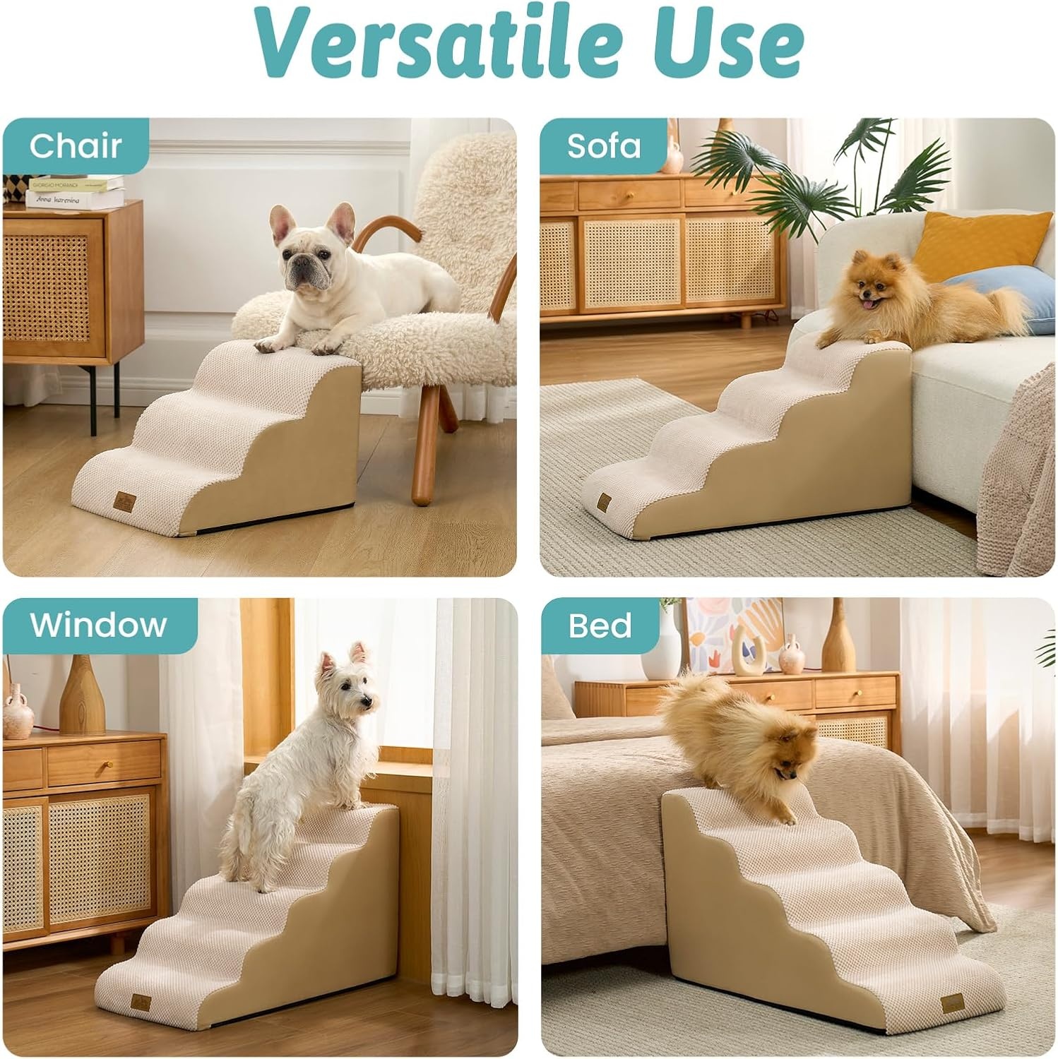 image:imageCOZY KISS Dog Stairs for Small Dogs 157 H 4Step Sturdy Foam Dog Steps for Couch and Bed Curved Pet Stairs for Puppy and Older Cat Doggie Ladder with Washable Cover 157x283x157 inch BeigeBeige