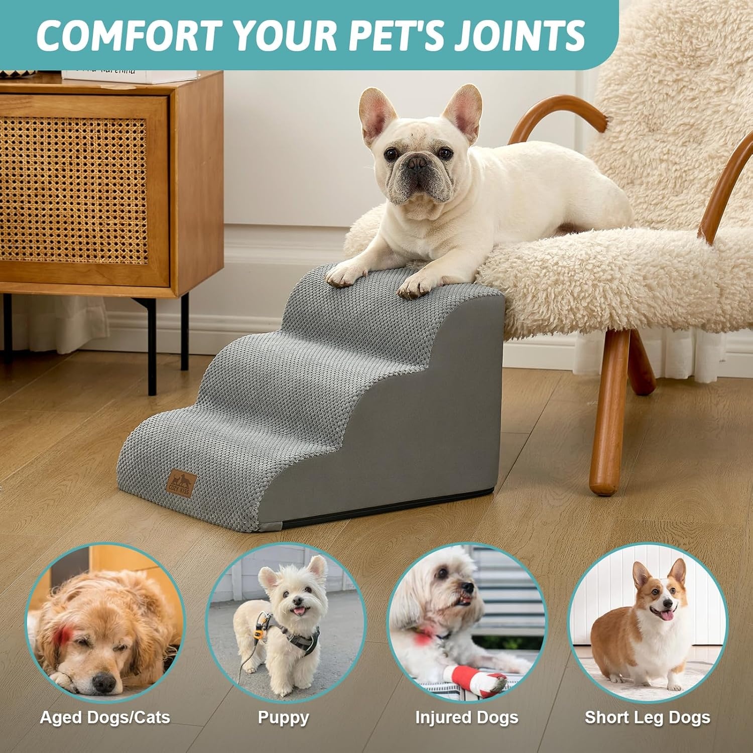 image:imageCOZY KISS Dog Stairs for Small Dogs 157 H 4Step Sturdy Foam Dog Steps for Couch and Bed Curved Pet Stairs for Puppy and Older Cat Doggie Ladder with Washable Cover 157x283x157 inch BeigeGray
