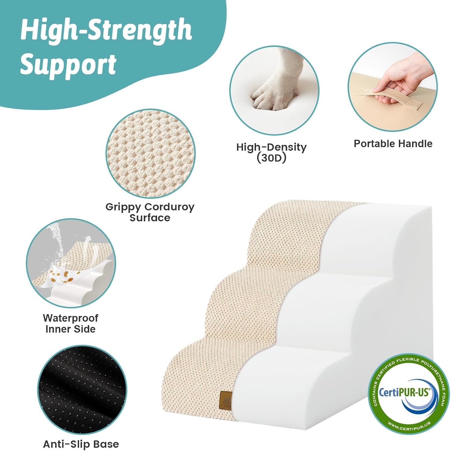 image:imageCOZY KISS Dog Stairs for Small Dogs 157 H 4Step Sturdy Foam Dog Steps for Couch and Bed Curved Pet Stairs for Puppy and Older Cat Doggie Ladder with Washable Cover 157x283x157 inch BeigeBeige