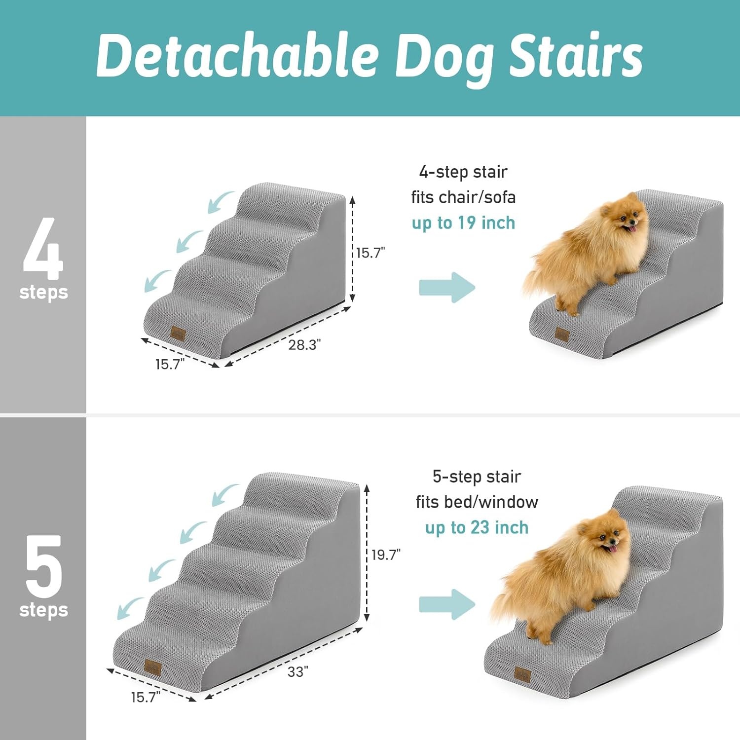 image:imageCOZY KISS Dog Stairs for Small Dogs 157 H 4Step Sturdy Foam Dog Steps for Couch and Bed Curved Pet Stairs for Puppy and Older Cat Doggie Ladder with Washable Cover 157x283x157 inch BeigeGray