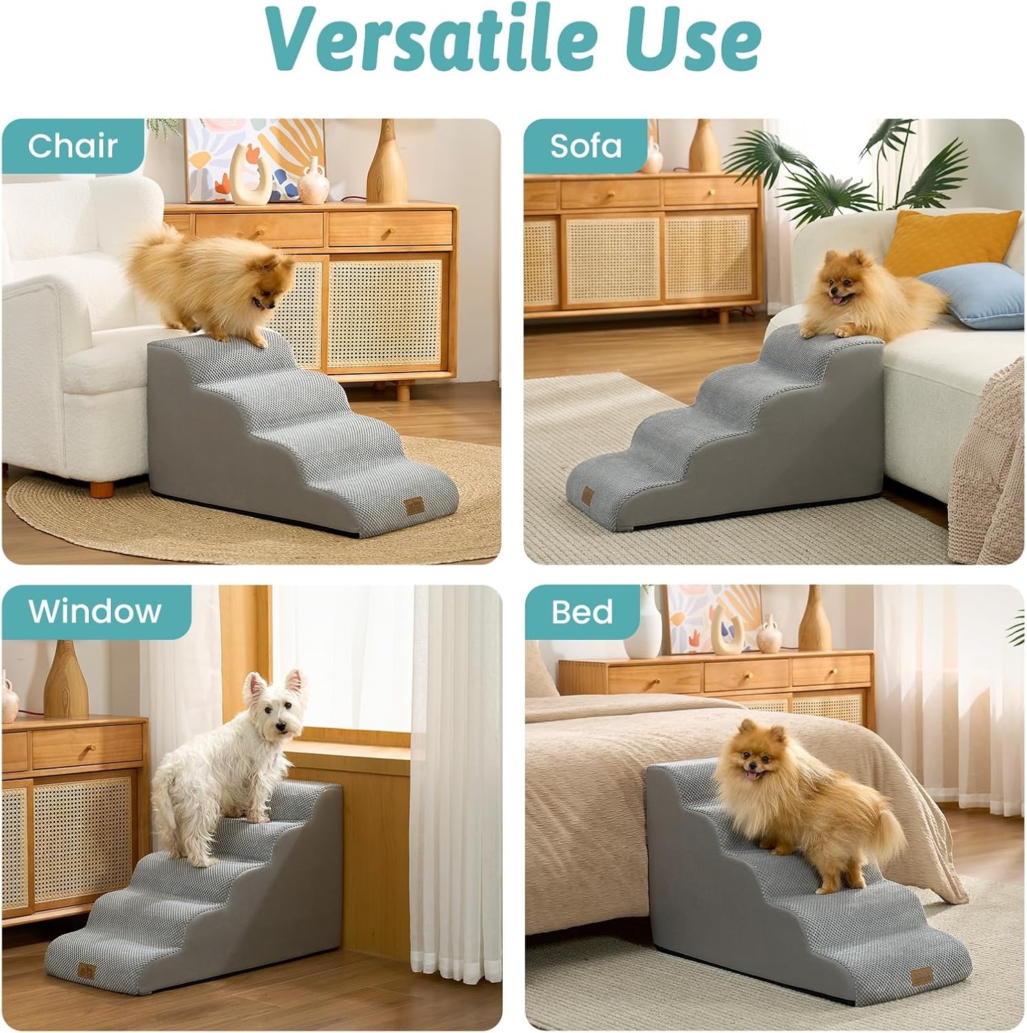 image:imageCOZY KISS Dog Stairs for Small Dogs 157 H 4Step Sturdy Foam Dog Steps for Couch and Bed Curved Pet Stairs for Puppy and Older Cat Doggie Ladder with Washable Cover 157x283x157 inch BeigeGray
