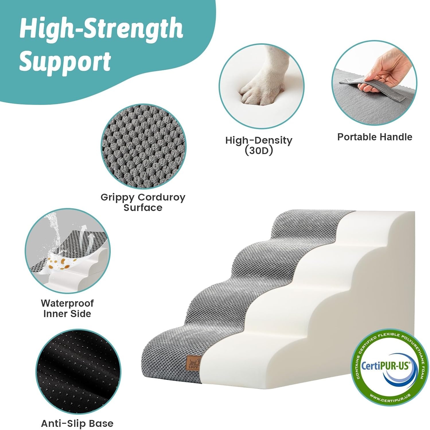 image:imageCOZY KISS Dog Stairs for Small Dogs 157 H 4Step Sturdy Foam Dog Steps for Couch and Bed Curved Pet Stairs for Puppy and Older Cat Doggie Ladder with Washable Cover 157x283x157 inch BeigeGray