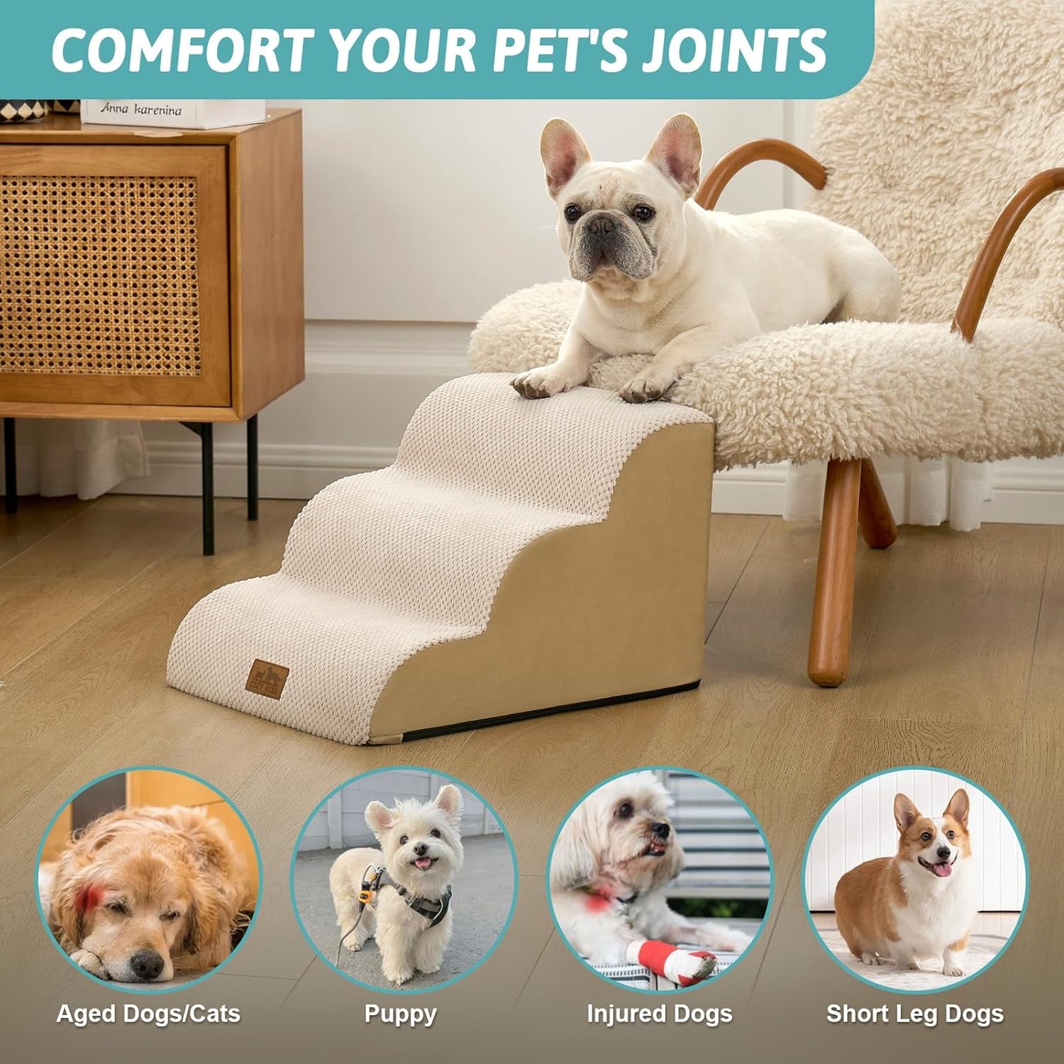 image:imageCOZY KISS Dog Stairs for Small Dogs 157 H 4Step Sturdy Foam Dog Steps for Couch and Bed Curved Pet Stairs for Puppy and Older Cat Doggie Ladder with Washable Cover 157x283x157 inch BeigeBeige