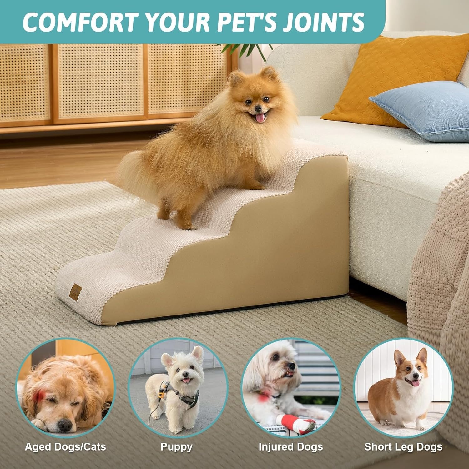 image:imageCOZY KISS Dog Stairs for Small Dogs 157 H 4Step Sturdy Foam Dog Steps for Couch and Bed Curved Pet Stairs for Puppy and Older Cat Doggie Ladder with Washable Cover 157x283x157 inch BeigeBeige