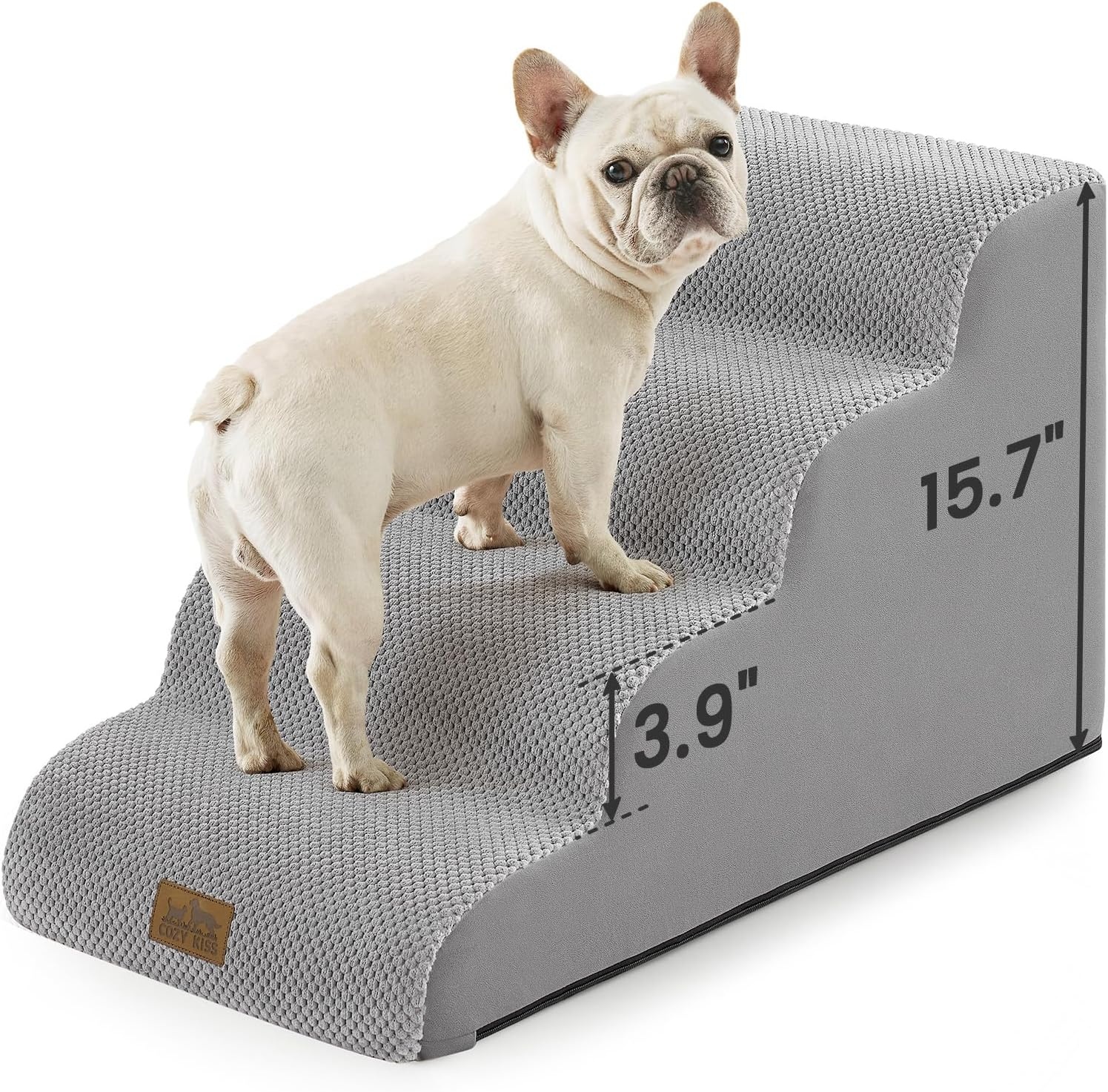 image:imageCOZY KISS Dog Stairs for Small Dogs 157 H 4Step Sturdy Foam Dog Steps for Couch and Bed Curved Pet Stairs for Puppy and Older Cat Doggie Ladder with Washable Cover 157x283x157 inch BeigeGray